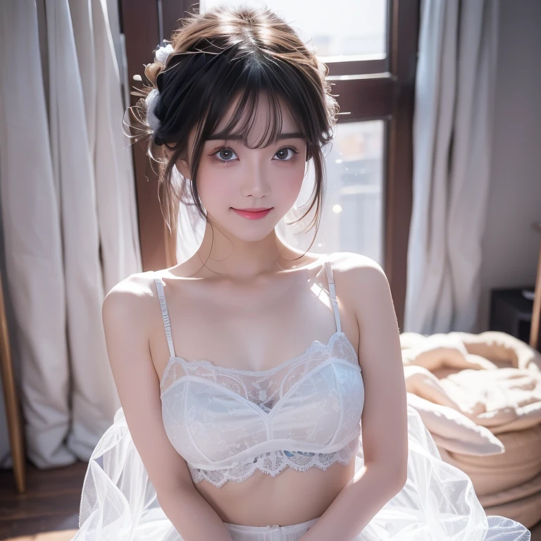 High Detail,8K resolution,Ultra-high resolution,Young beautiful girl slightly fat,((Above the waist)) ，Full Body Love，A cute girl，White hair，Bright and clear eyes,(Thick hair,clavicle,Delicate and perfect facial features, The most beautiful big eyes,Long eyelashes,Wear a lace suspender bandeau top，Tutu，，Crop Topping，Sweet eyes,Smile)，Dynamic angle,Ultimate image quality,highest accuracy,Precise and perfect human anatomy，