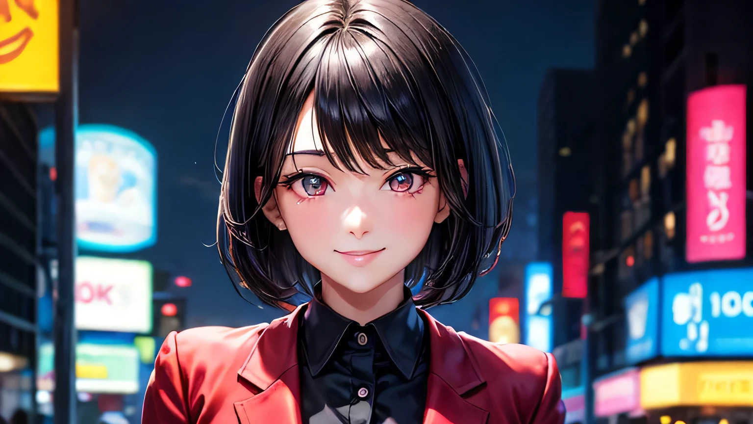 woman　1 person　High school girls　Black Hair　Very Short Hair　blazer　A big smile　High quality, high definition and detailed facial expressions　High quality, high definition and delicate hair　High quality, high resolution and delicate eyes　bustling street　neon　midnight