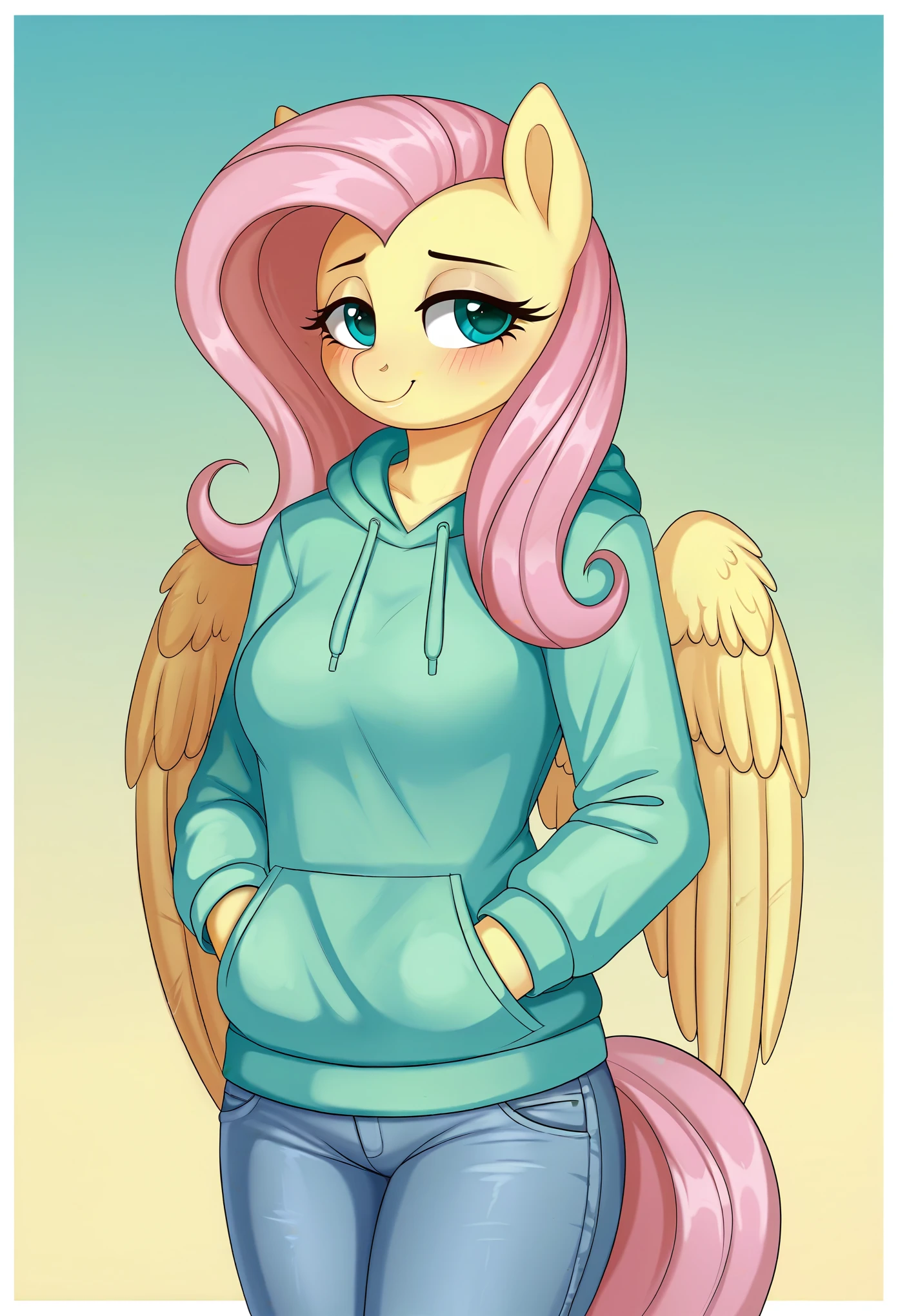 score_9, score_8_up, score_7_up BREAK fluttershy, pegasus, anthro, g4, blushing, border, fluttershy, clothes, denim, female, gradient background, hand in pocket, hoodie, jeans, lidded eyes, mare, pants, smiling, solo, nording