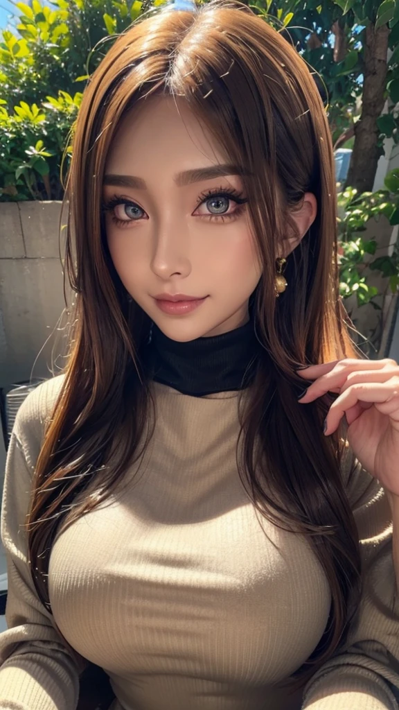 Very detailed, beautiful, highest quality, detailed beautiful round eyes, beautiful detailed face, Whole Body Ezbian, Medium Long Hair, Casual Hairstyles, (Random color hair, Golden mesh), Big eyes, Random color eyes, Long eyelashes, Thick mascara, Dark eyeliner, (huge chest), (Bust about to burst:1.4), Rich servings, Thick waist), (Wide Hips:1.4, Toned thighs, Body Curves), 40 years old, woman, (Turtleneck tight dress), Perfect Face, Perfect body, Sexy pose, (A shy smile), Random Location, nature, (Background Asahi), (alone)