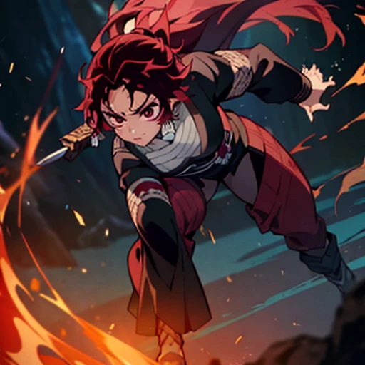 (best quality,4k,8k,highres,masterpiece:1.2),anime style,Kamado Douko from Demon Slayer,fiery red hair,intense gaze,traditional demon-slaying attire,slight sweat on brow,long sword slung over shoulder,ready for action,echoing roar of demon in background,girl stands boldly with determined expression,intense and focused eyes,tip of tongue peeks out from lips,dim light flickering against scarlet hair,fiery glow,demon's eyes meet hers,battle fueled by adrenaline,danger,and valor.Enlarge your breasts and buttocks!Full body depiction! Long hair, more sexy！More erotic！Torn clothes　Make your ass bigger　Long hair