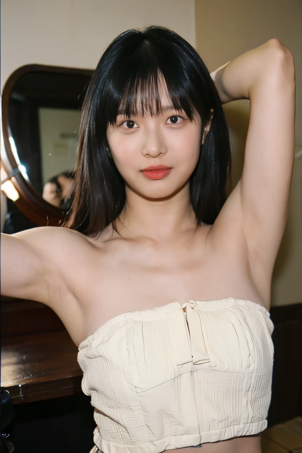 top quality，Ultra-clear resolution, beauty, Hidden Face, (beauty indian girl), beauty:1.3, Lean abdominal muscles: 1.1, ((Brown hair long bangs)). Strapless Mini Dress_sit down. Straighten your arms. straighten both armpits. Elevated. Shows the texture of the armpit. In front of the camera. Armpit details. smooth armpit. Beauty OK. OK. Charming armpits. In front of the make-up mirror), Super thin face, Very detailed lips, Delicateeyes, Double eyelids, Makeup face. Red lipstick