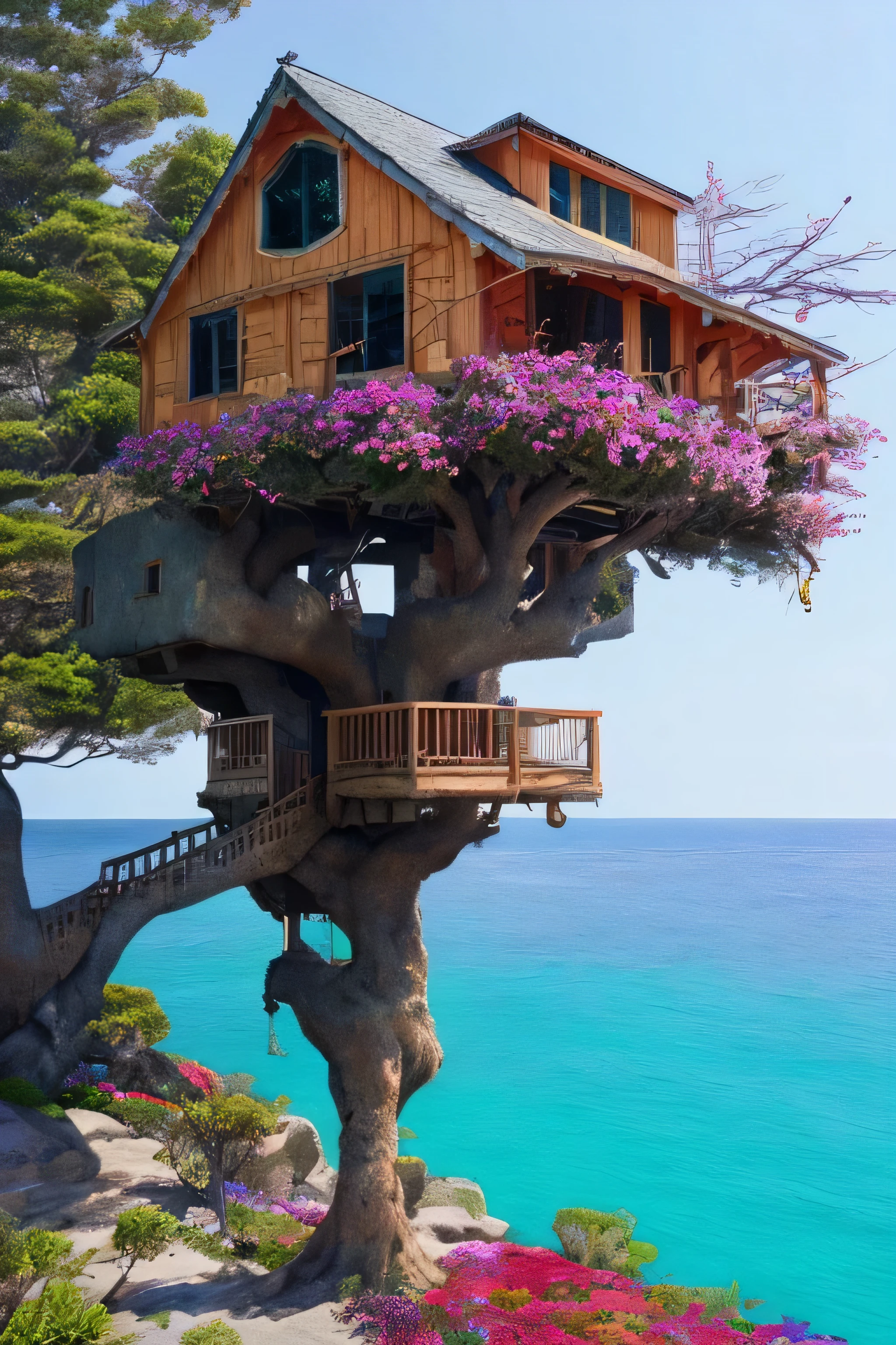 Perfection The Coolest tree house on a large rock in the middle of the sea with flowers in front of the house and trees on both sides of the house