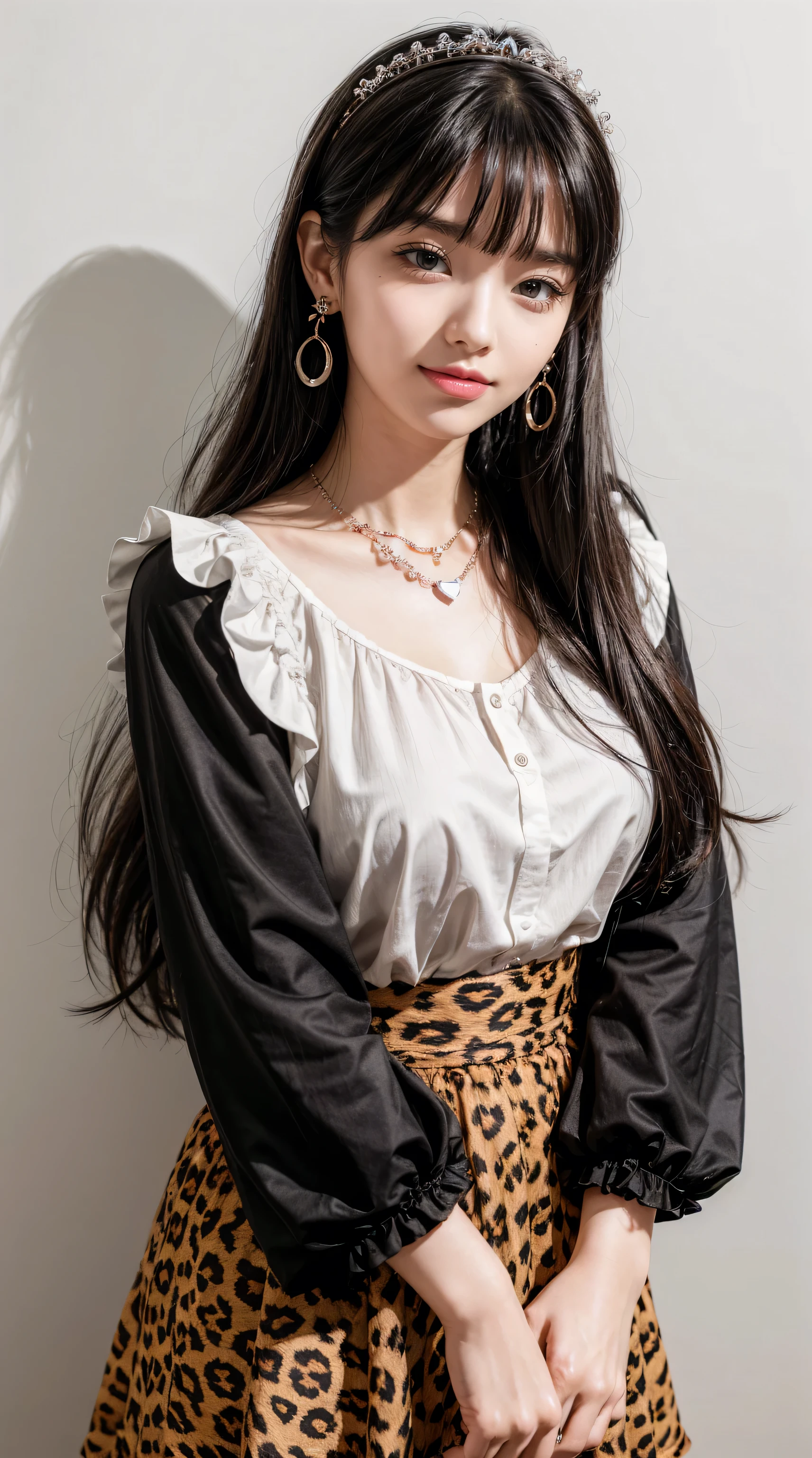 Pure Fuyuko, 1 Girl, Solitary, Black Hair, have, jewelry, Long hair, Looking at the audience, Bangs, earrings, skirt, White background, Smile, shirt, Simple background, Heart earrings, Long sleeve, Heart, Black tiara, black shirt, frilled Necklace, breast, Brown eyes, Necklace, blunt Bangs, Upper Body, Berets, medium breast, brown skirt, decorate, Nail polish, ribbon, Red nails, Shut up, Animal print, blush, Ruffled sleeves, Leopard, neck ribbon, own hands