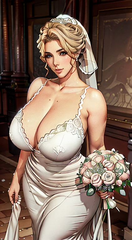 ( female , Sagging breastage, cleurvy beauty, Perfect body,)Wedding dress,hall,Flying white doves,Holding a bouquet of roses,Holy