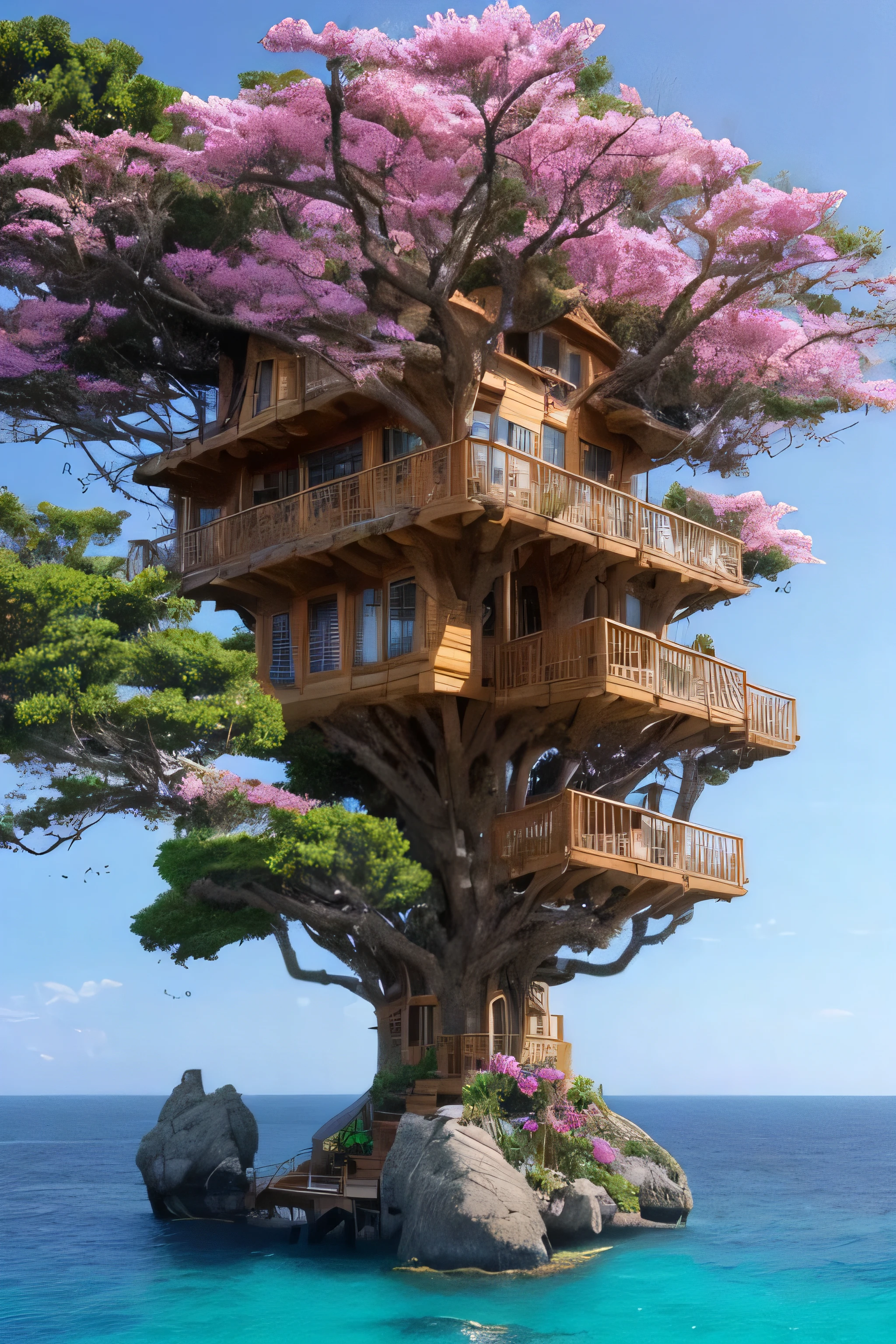 Perfection The Coolest tree house on a large rock in the middle of the sea with flowers in front of the house and trees on both sides of the house