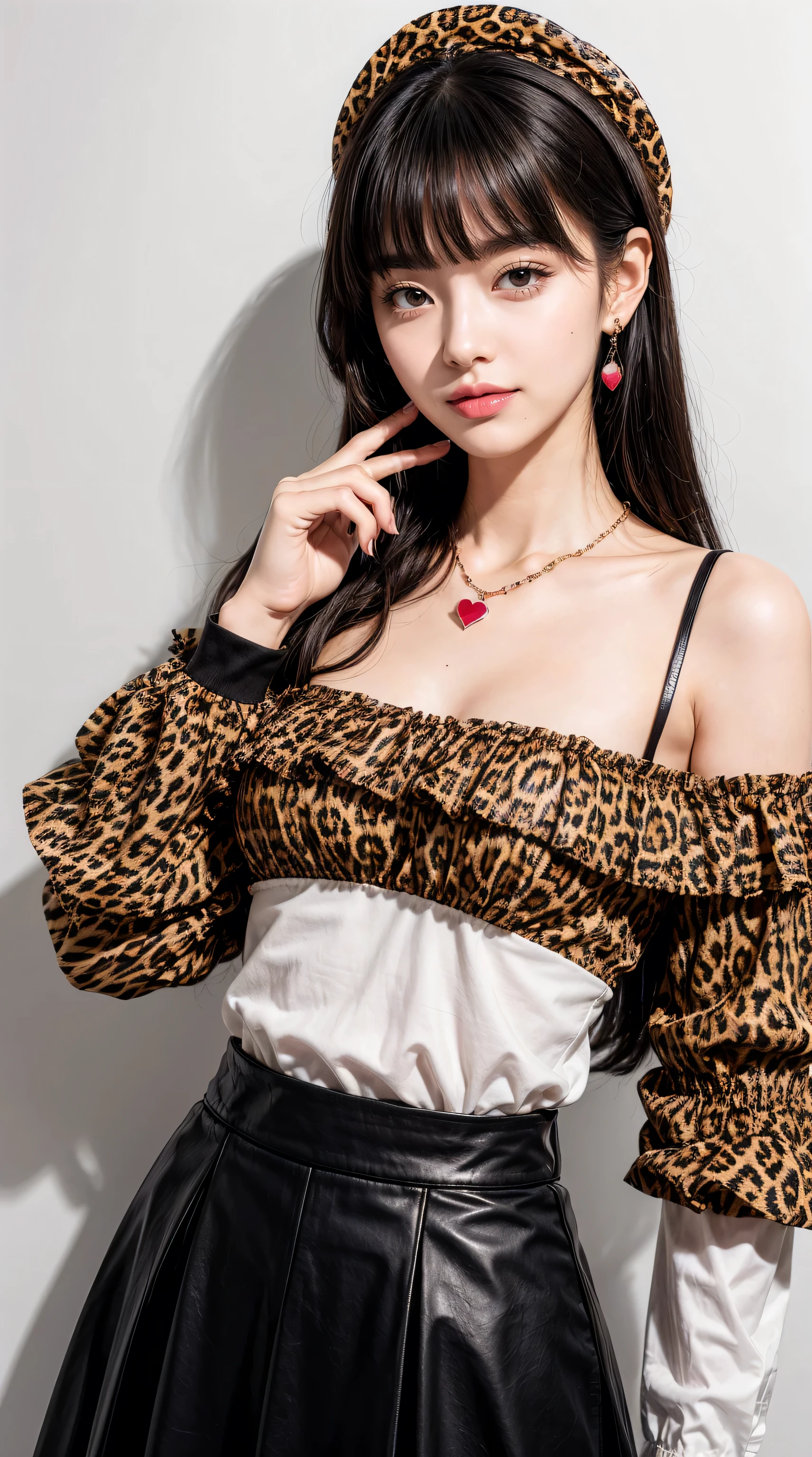 Pure Fuyuko, 1 Girl, Solitary, Black Hair, have, jewelry, Long hair, Looking at the audience, Bangs, earrings, skirt, White background, Smile, shirt, Simple background, Heart earrings, Long sleeve, Heart, Black tiara, black shirt, frilled Necklace, breast, Brown eyes, Necklace, blunt Bangs, Upper Body, Berets, medium breast, brown skirt, decorate, Nail polish, ribbon, Red nails, Shut up, Animal print, blush, Ruffled sleeves, Leopard, neck ribbon, own hands