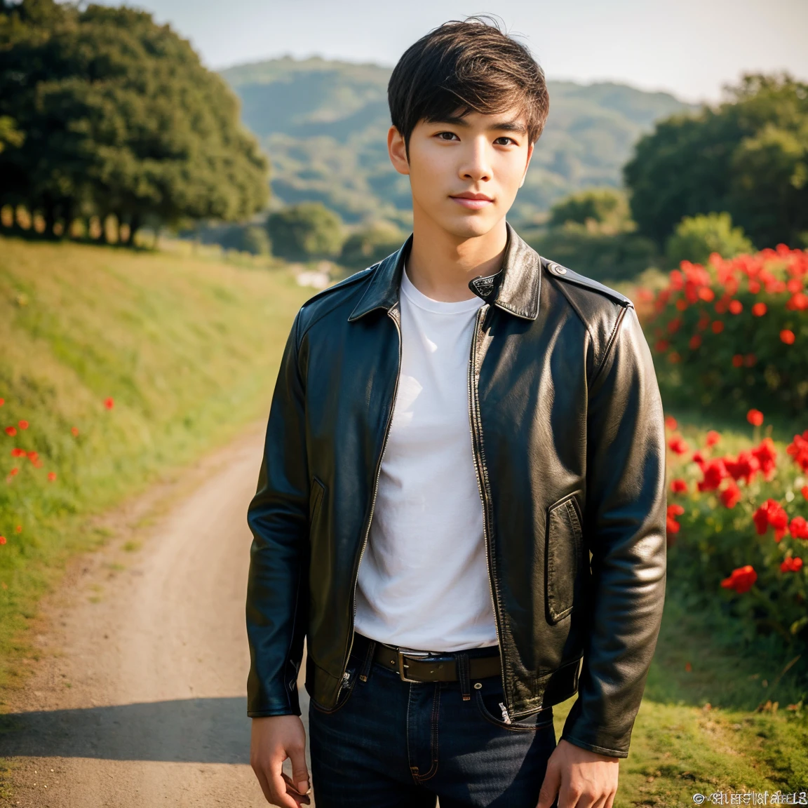 Young Asian man, 25 years old,) Have a strong body, have a strong, strong body., His long hair flowed up.,) Bright black, red, dark green leather jacket.,) very handsome,) ,Jeans) Album cover image by In the countryside there are old, thatched huts., There are red flowers around.,) best quality, 10, height:1.2), 8K Special Details, (realistic:1.37), Portrait, Full body, Posing from different angles,, bright colors, Warm light, shot with a high quality camera 45,000,000,000,Pixels,