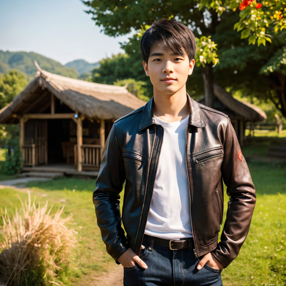 Young Asian man, 25 years old,) Have a strong body, have a strong, strong body., His long hair flowed up.,) Bright black, red, dark green leather jacket.,) very handsome,) ,Jeans)  Album cover image by In the countryside there are old, thatched huts., There are red flowers around.,) best quality, 10, height:1.2), 8K Special Details, (realistic:1.37), Portrait, Full body, Posing from different angles,, bright colors, Warm light, shot with a high quality camera 45,000,000,000,Pixels,