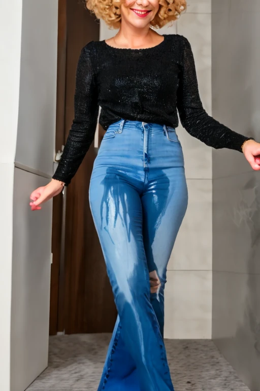 (wet clothes:1.4),  tall attractive 30 year old European woman, standing in an office, (((light blue skinny jeanlack high heels, bright lighting, ((show heels)),  shoulder length blonde hair, blue eyes, gold wire rim glasses, white blouse, inviting smile, carnal, ((light blue satin work blouse  made of thin material)),  pee pants, pee stain, pee running down legs of jeans, ((dark blue pee stain on jeans legs)), shoes wet with pee, pee stain, pee stained jeans, peeing self