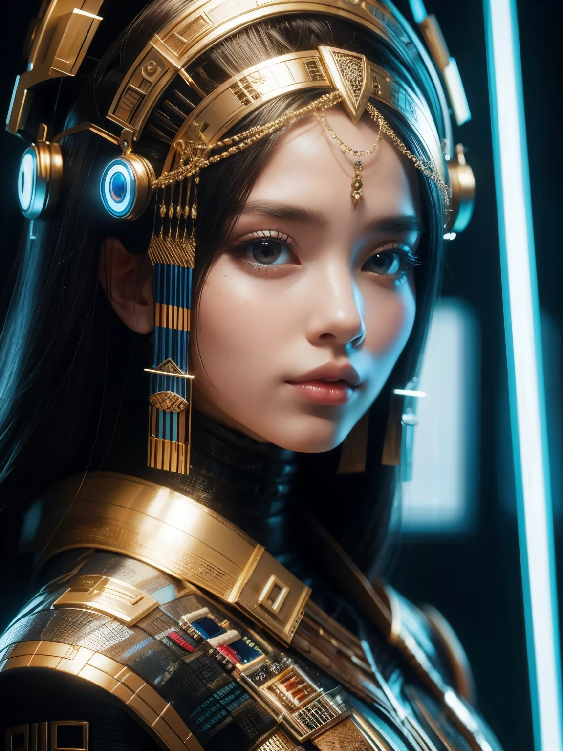 (high quality), (masterpiece), (detailed), 8K, Hyper-realistic portrayal of a futuristic (1girl1.2), Japanese character. Meticulous details bring the character to life in this visually stunning composition, showcasing the seamless blend of tradition and innovation. Trending on Artstation.