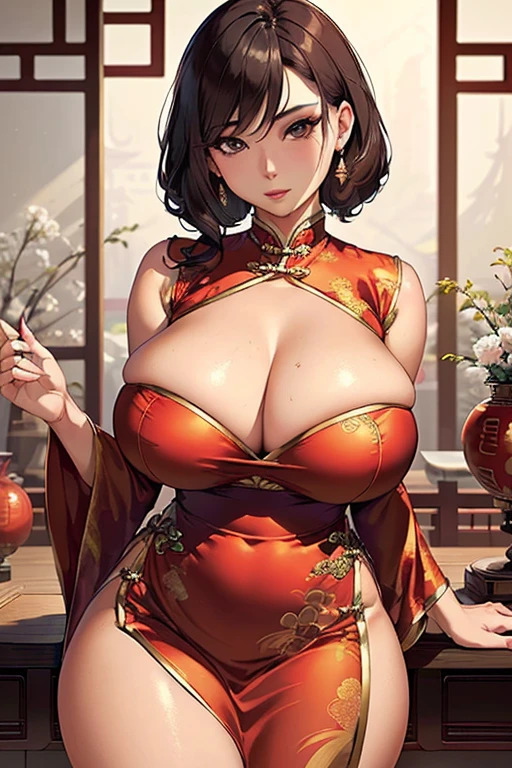 Chinese women wearing cheongsam,(Mature female , Large Breasts,Sagging breasts、Cleavage, cleveage、Thick thighs, Wide hips, Curvy beauty, Perfect body）
(((masterpiece))), ((best quality)), ((Complex and meticulous)), ((Surrealism)), Absurd, milf, Mature woman, view, Very detailed, illustration, 1 Girl, ((Large Breasts)), Perfect hands, Detailed fingers, Beautiful and delicate eyes, Hairstyle, Brown eyes, ( Sexy Chinese dress:1.2), earrings, Detailed background, Perfect eyes, Seductive eyes, Looking at the audience, From the front
