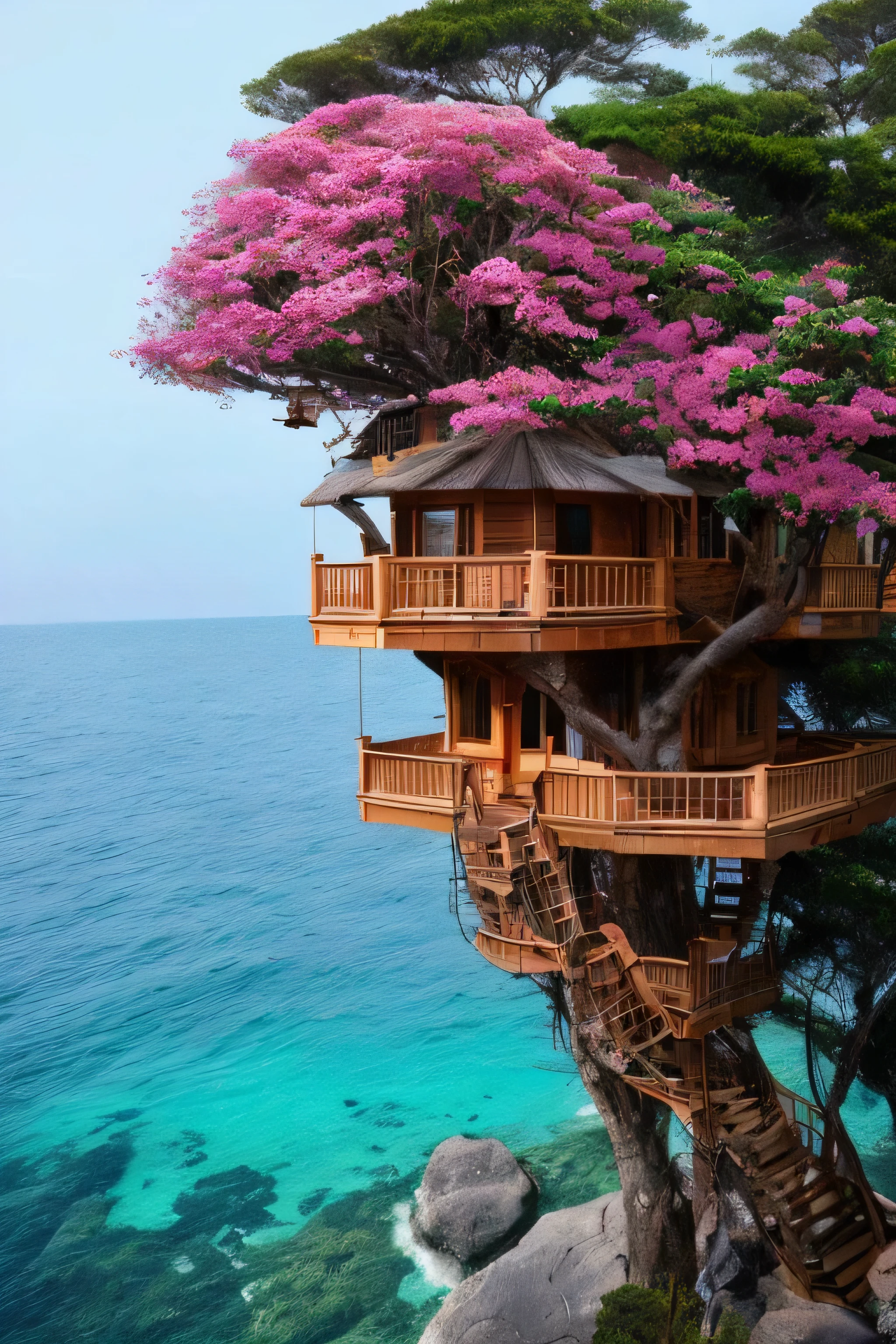 Perfection The Coolest tree house on a large rock in the middle of the sea with flowers in front of the house and trees on both sides of the house