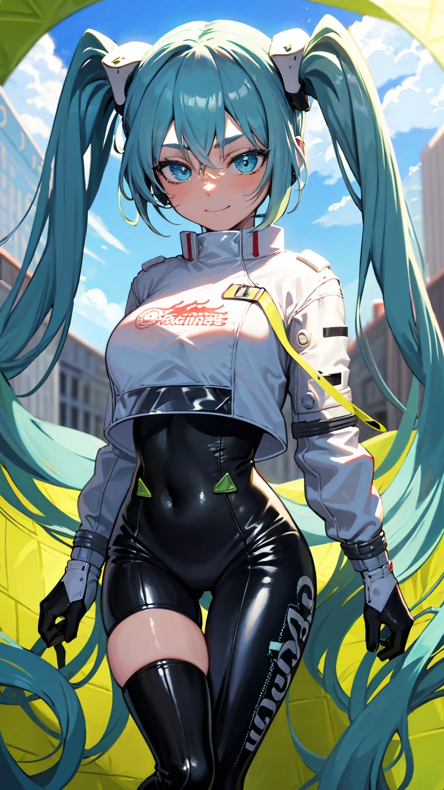 (masterpiece, highest quality), Backlight, Lens flare, Wide Shot, Fisheye Lens , (Face Focus, Depth of written boundary, close: 1.5), Super Detail, figure, colorful, (Fault Color: 1.3), (Immidshot: 1.3), video, Wide-angle, Upper Body, (((One girl))), miku hatsune, Spotless, Dark green hair, Twin tails, Very long hair, Put your arms behind your back, blue eyes, Glowing Eyes, Relaxed face, Eyebrow hair, Shiny Hair, Glowing Skin, A light smile, racing Miku, (Big Breasts), Black bodysuit, Cropped jacket, White jacket, Long sleeve, Two-tone gloves, Thigh-high boots, bright, Beautiful detailed sky, city, street,