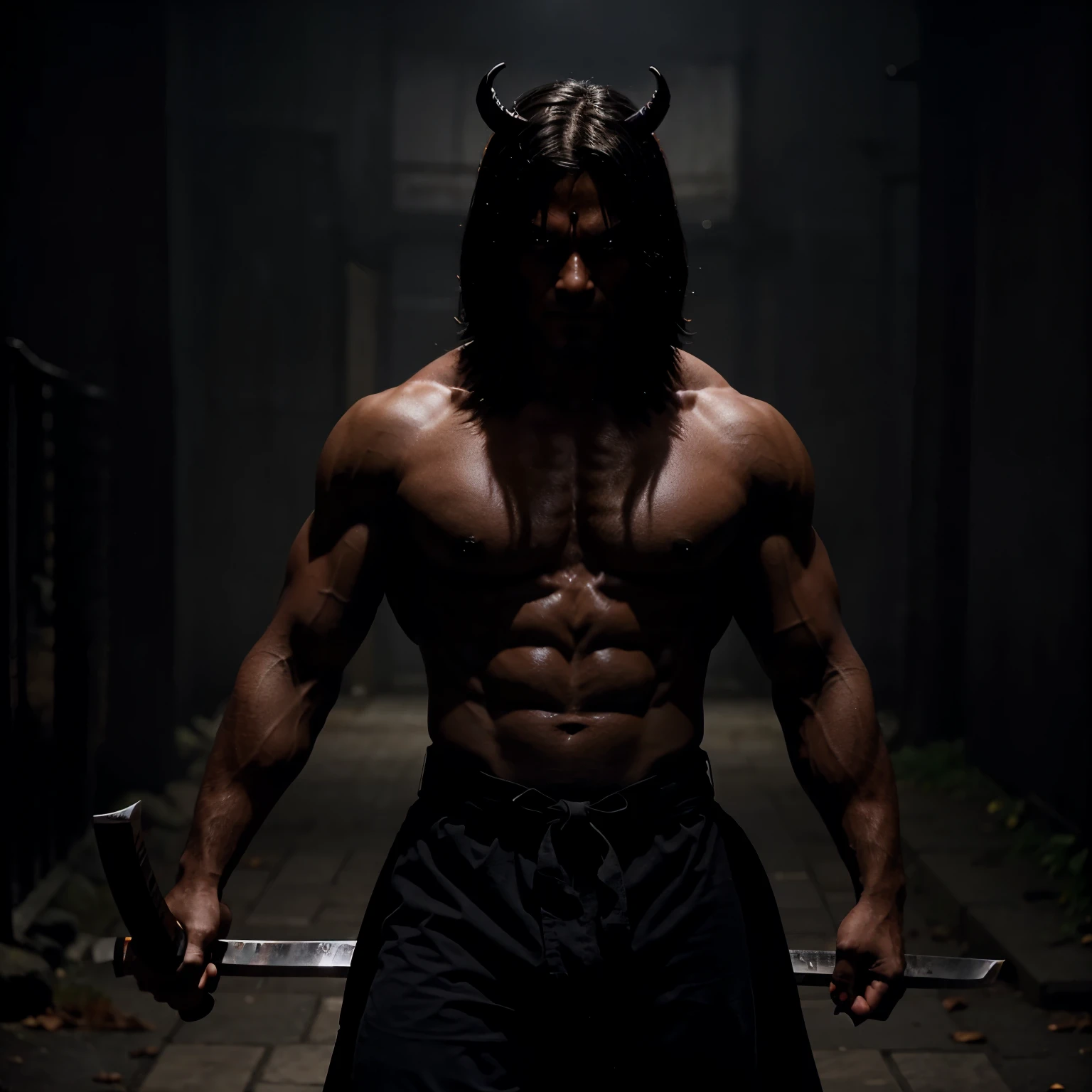 Demon walking towards viewer with a katana in hand he looks handsome and is ripped and has a black aura around him