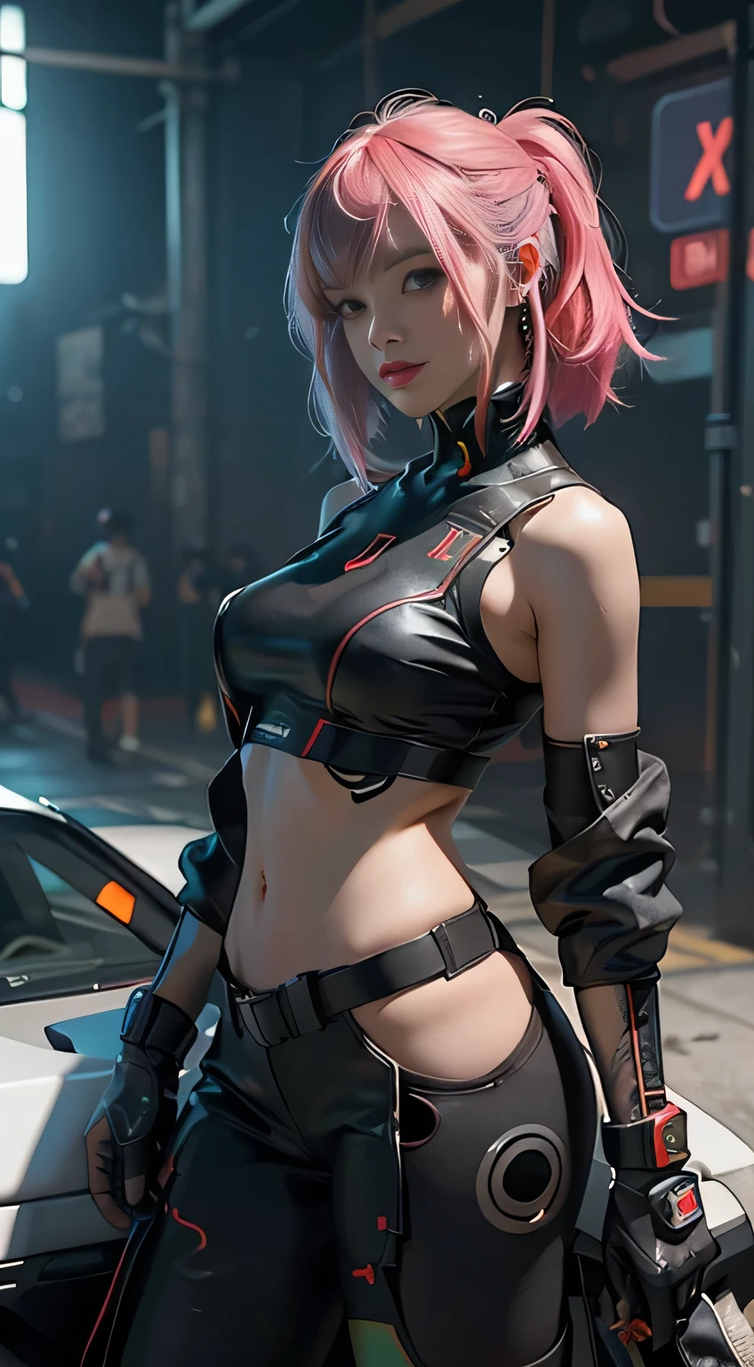 high resolution, sharp focus, Obra-prima Pixiv, ((detalhes intrincados)), Altamente detalhado, Chica cyborg cyberpunk retrofutyrista con partes de robot en el cuerpo ,cuencia avamzada todo de color negro , luces de neon rojas ,tetas enormes ,en otro planeta