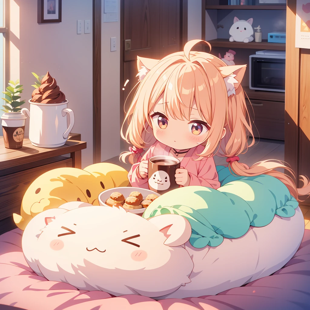A futon with a fluffy inside of a coffee cup、Fluffy chibi living in a coffee cup、Cute as an angel、A house made of sweets、Yurukyara、PastelColors、Soft light、