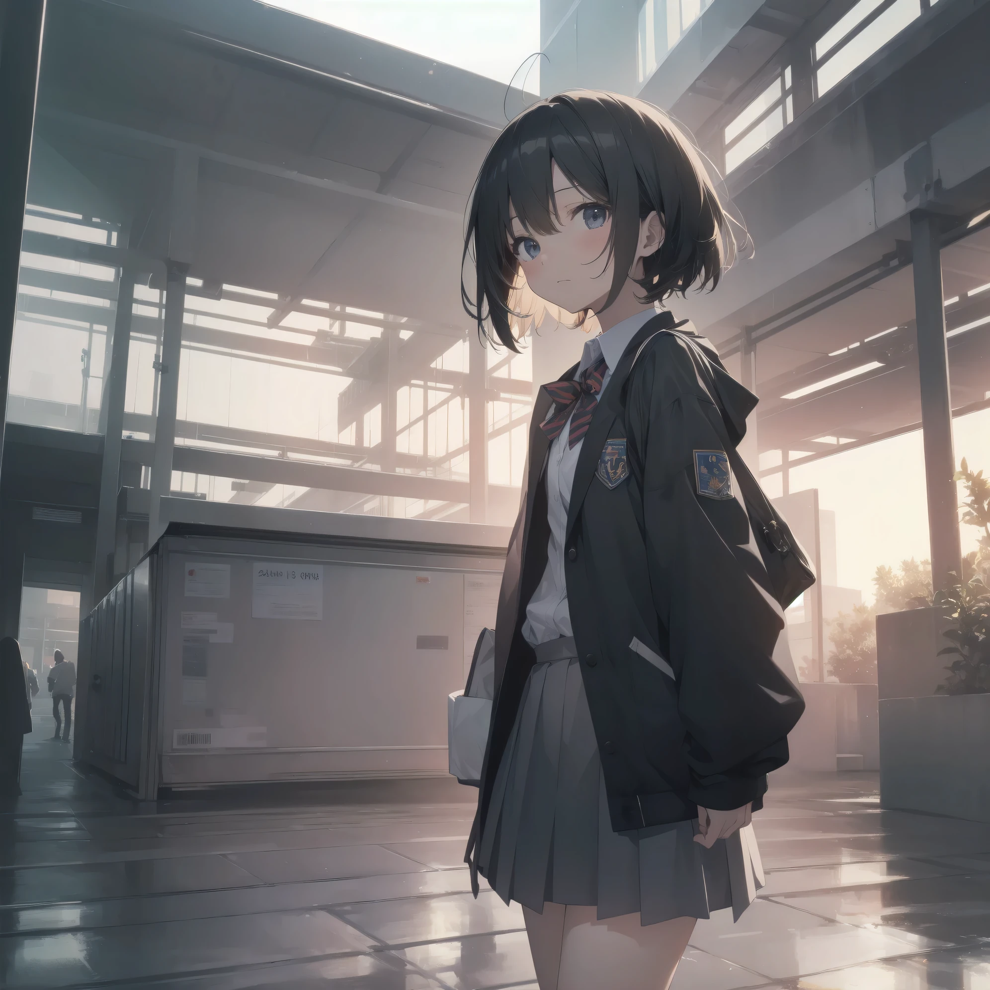 ultra-absurdres-Top quality by artist God, ultra-detailed, high resolution, anime moe artstyle, best anime 8k konachan wallpaper, pixiv contest winner, pool:2810, perfect anatomy,break, 1girl, (Please draw a girl walking sleepily to school alone. )break,(Solo,little female, 13-year-old:1.3),Full limbs, complete fingers,a junior high school student, (very short hair), short cut, flat chest, , small butt, small black eyes, beautiful detailed eyes, well-proportioned iris and pupils, expressive eyes, highres detailed hair, soft expression, school_uniform, bowtie, collared shirt. pleated skirt,(Detailed Lighting), (Detailed background), in the School commute route. break,super detailed skin, Best cinematic lighting powered by famous artist, 8k,beauty illustration,photoshop_(medium),very aesthetic,break,((artist:liduke )), artist:bolze ,artist:oyari ashito ,artist:kantoku ,