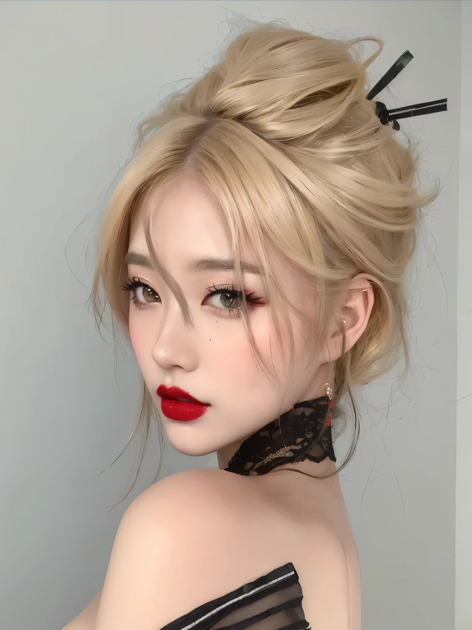 Blonde woman with black hair and red lipstick wearing a black corset., maquillaje popular de corea del sur, ig model | tipo germen, sakimichan, shikami, Peinado de geisha, maquillaje coreano popular, inspirado en anime, muchacha coreana, con cara redonda, guweiz, por Yang J., foto de perfil en la cabeza, chica anime en la vida real, ulzzang