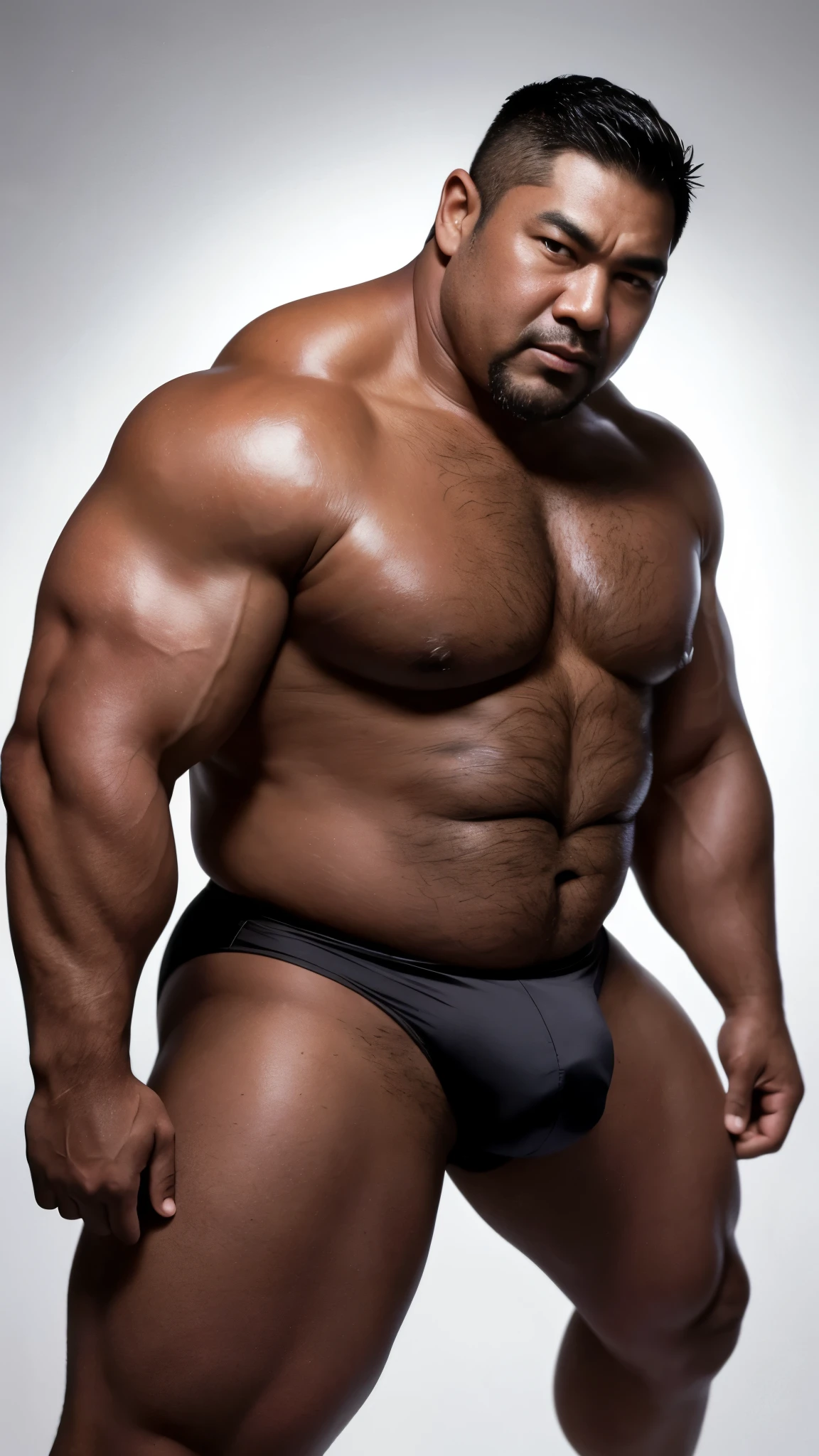 black hair, middle-aged man, individual, male, Muscular wrestler, muscular, Stout wrestler, Asian, Japanese, uncle, 55 year old middle-aged man, short hair, short hair, red wrestling boots, full body portrait, shadow, Vision, red briefs, obesity, 45 years old, short beard, middle-aged man, tattoo, fingerless gloves, Wheat skin, shiny skin, dark skin, Show your pectoral muscles, sumo wrestler, bodybuilder, wide temples, Visible abdominal muscles, Smile, Fine hands, solid color background, pure white background, Surrealism, Panorama, 8k, super detail,
