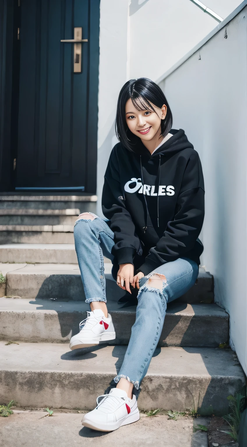 highest quality, Realistic, Very detailed, Finer details, High resolution, 8k wallpaper, One beautiful woman,Sit on the stairs、(Wear black socks)smile、(Beautiful teeth alignment、)(Gums are visible) Oversized hoodie, Skinny jeans,( Black sneakers)、Black Hair、 Beautiful Bangs、ear piercing、Perfect dynamic composition, Beautiful and detailed, Full Body Shot, A big smile Wearing colorful socks