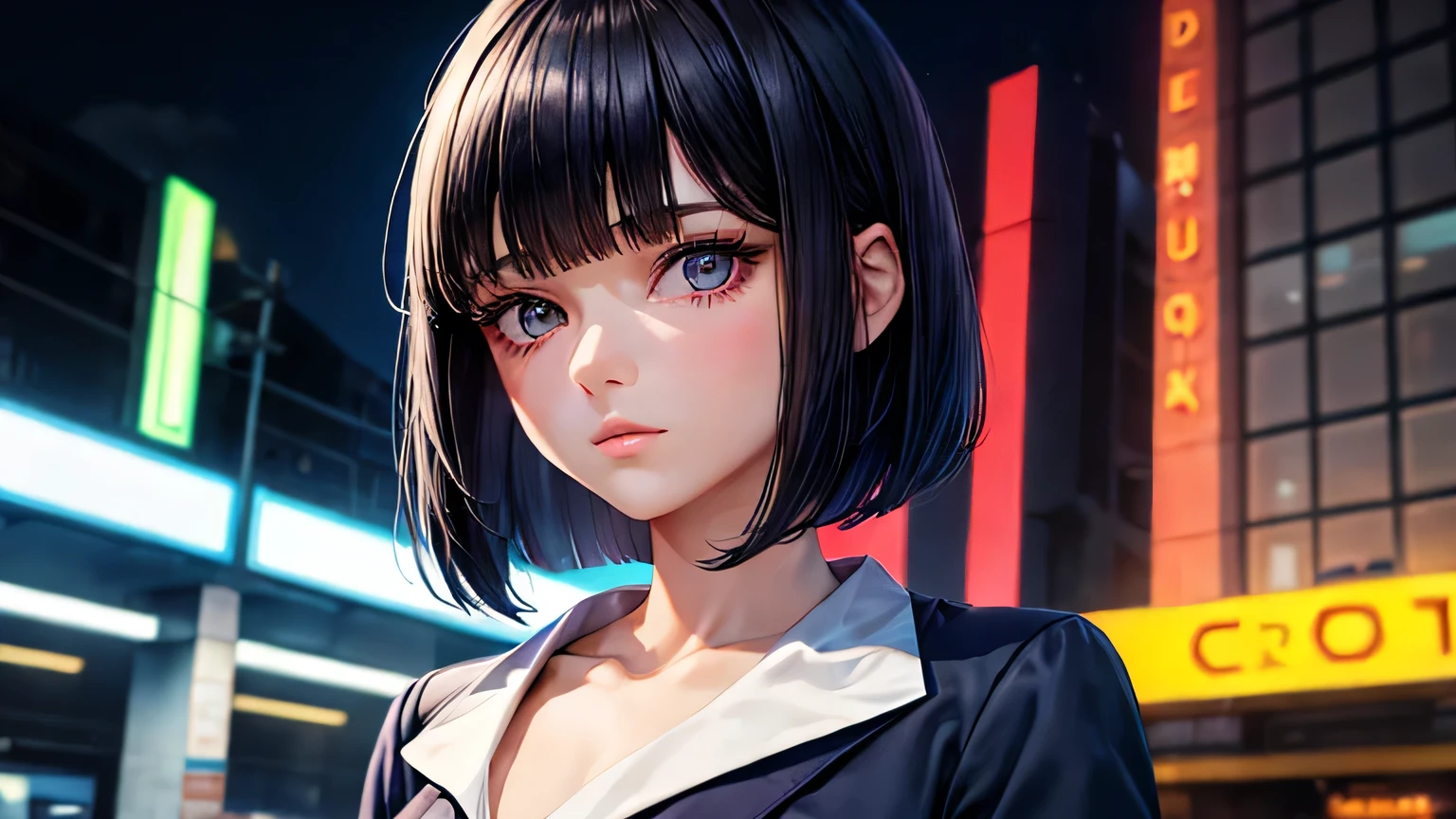 woman　1 person　High school girls　Black Hair　Bobcut　Navy Blue Blazer　High quality, high definition and detailed facial expressions　High quality, high definition and delicate hair　High quality, high resolution and delicate eyes　bustling street　neon　midnight