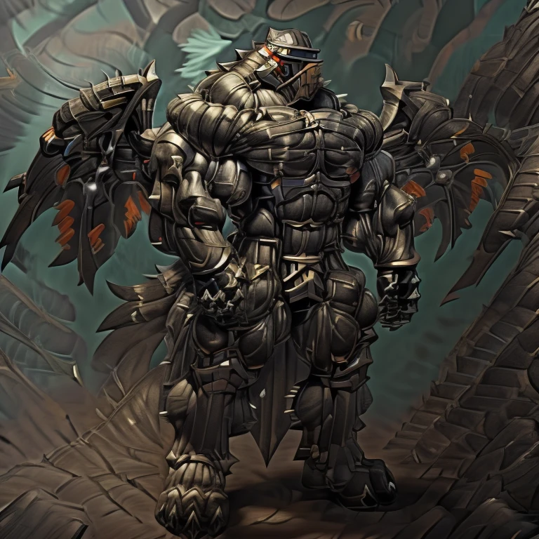 8K, Masterpiece, highres, future fiction. black visor, Detailed head, Detailed Body, full body, BLACK COLOR, Detailed abs, wearing crNanosuit, big muscle (pecs, triceps, traps) unusually developed muscular body, body full of huge muscles. showing off muscles, pectorales enormes. Exaggeratedly huge muscles. Gigachad Muscular, gigantic muscles, Colossal giant NANOSUIT over a battlefield, The cloak is so long that it touches the ground, crossed arms. 
The claws are sharp,
Sharp teeth,
have big wings.
whole body shines like metal. nj5furry,