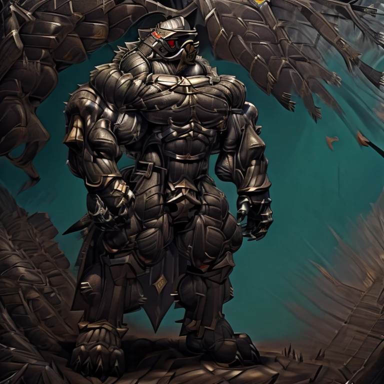 8K, Masterpiece, highres, future fiction. black visor, Detailed head, Detailed Body, full body, BLACK COLOR, Detailed abs, wearing crNanosuit, big muscle (pecs, triceps, traps) unusually developed muscular body, body full of huge muscles. showing off muscles, pectorales enormes. Exaggeratedly huge muscles. Gigachad Muscular, gigantic muscles, Colossal giant NANOSUIT over a battlefield, The cloak is so long that it touches the ground, crossed arms.
The claws are sharp,
Sharp teeth,
have big wings.
whole body shines like metal. nj5furry,