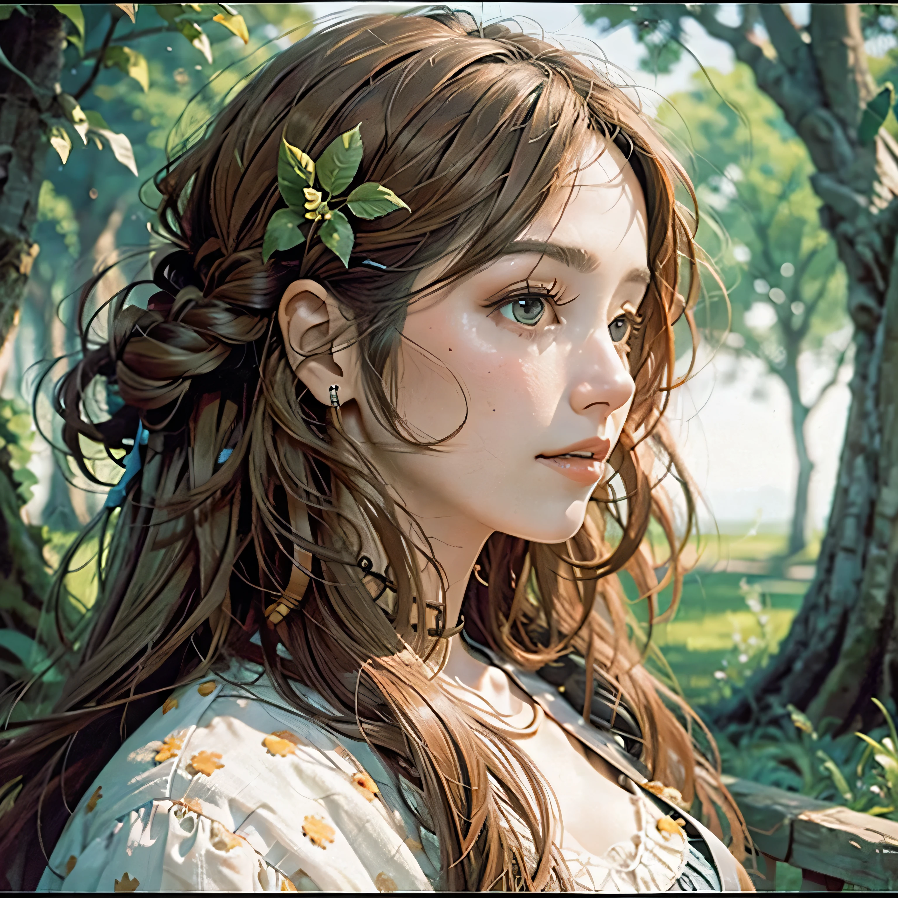 highest quality,Absurd,8k resolution,Official Art, Highly detailed CG Unity 8k wallpaper,masterpiece,(Profile picture),woman,Orange Hair,in spring，Mona Lisa 、White clothes