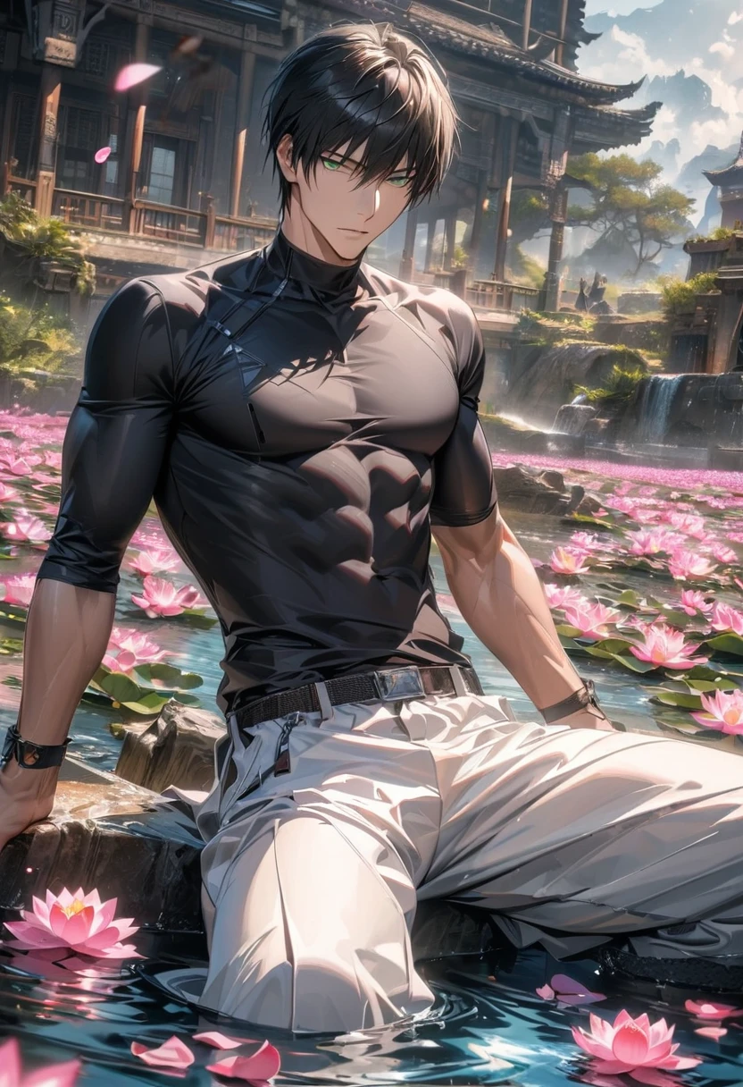 absurdres, highres, ultra detailed, HDR, master piece, detailed picture, extremely detailed face and eyes, Nicholas D. Wolfwood, black straight hair with bangs, expressive green eyes, Trigun, sexy man, handsome, toned chest, black tight shirt, white baggy pants, water, pink lotus, petals, spring