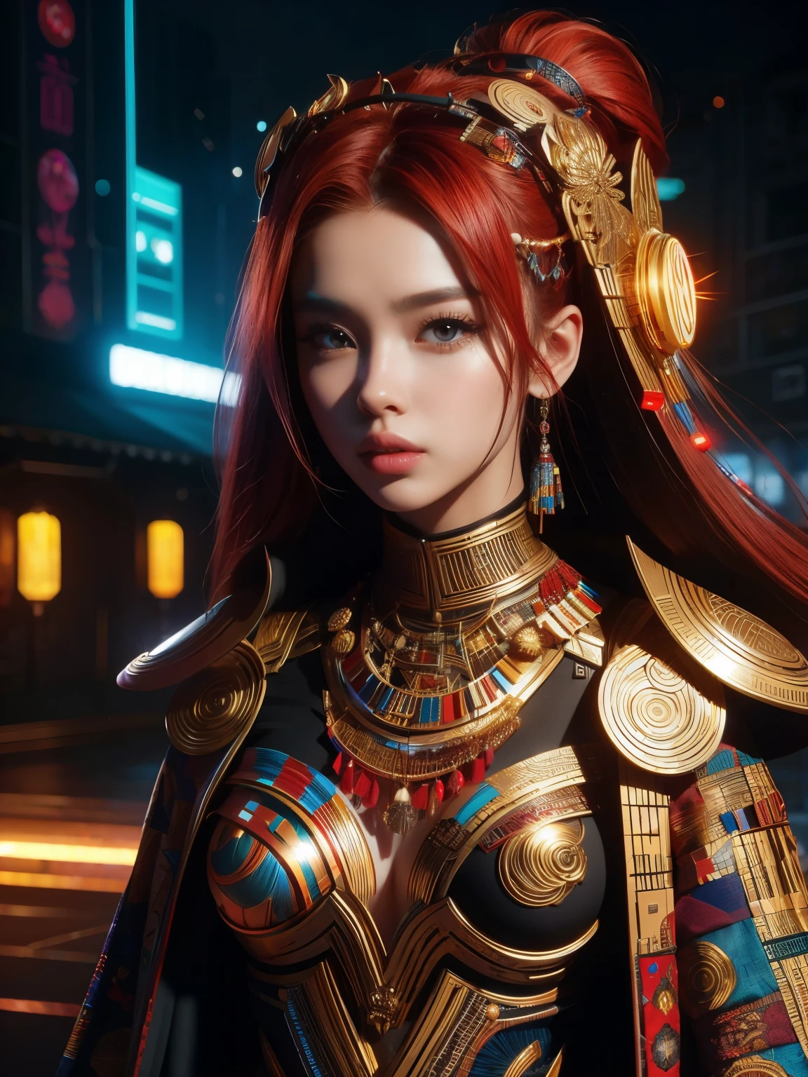 (high quality), (masterpiece), (detailed), 8K, Hyper-realistic digital illustration depicts (Japanese woman1.3) with (vibrant red hair1.2) and (intense red eyes1.2), donning (futuristic fantasy attire1.2) that blends (modern neon-lit accents1.2) with (intricate Ghanaian Adinkra patterns1.2) and (Senegalese Wolof textiles1.2). Her (upper body1.2) is adorned with (shimmering gold jewelry1.2) and (intricate, glowing red circuits1.2) that evoke a sense of technological vibrancy. In style of Ian McQue, trending on DeviantArt.