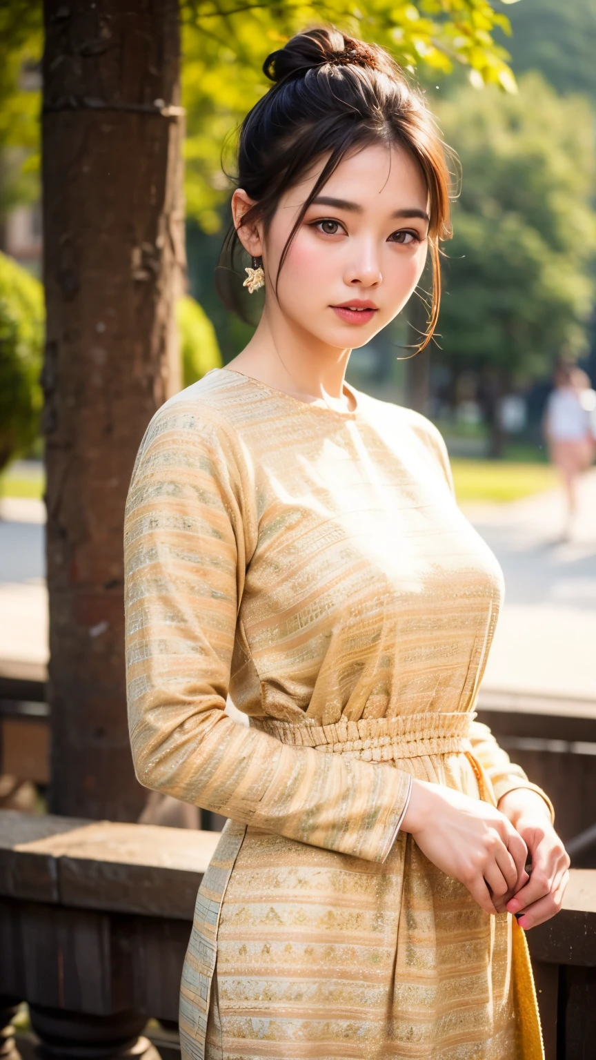 1 girl, hair bun, beautiful girl, mmTD burmese patterned traditional dress, yellow dress, outdoor, perfect light, masterpiece, best quality, ultra detailed, cinematic feels, looking at the viewer, 8k, RAW photo, realistic, photo realistic, intricately detailed, UHD, full HD, ultra resolution