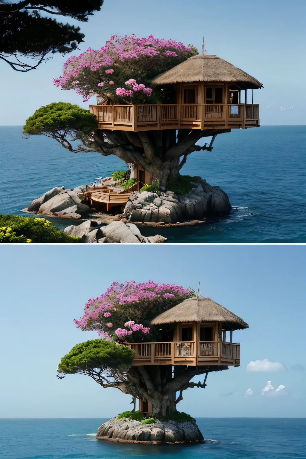 Perfection The Coolest tree house on a large rock in the middle of the sea with flowers in front of the house and trees on both sides of the house