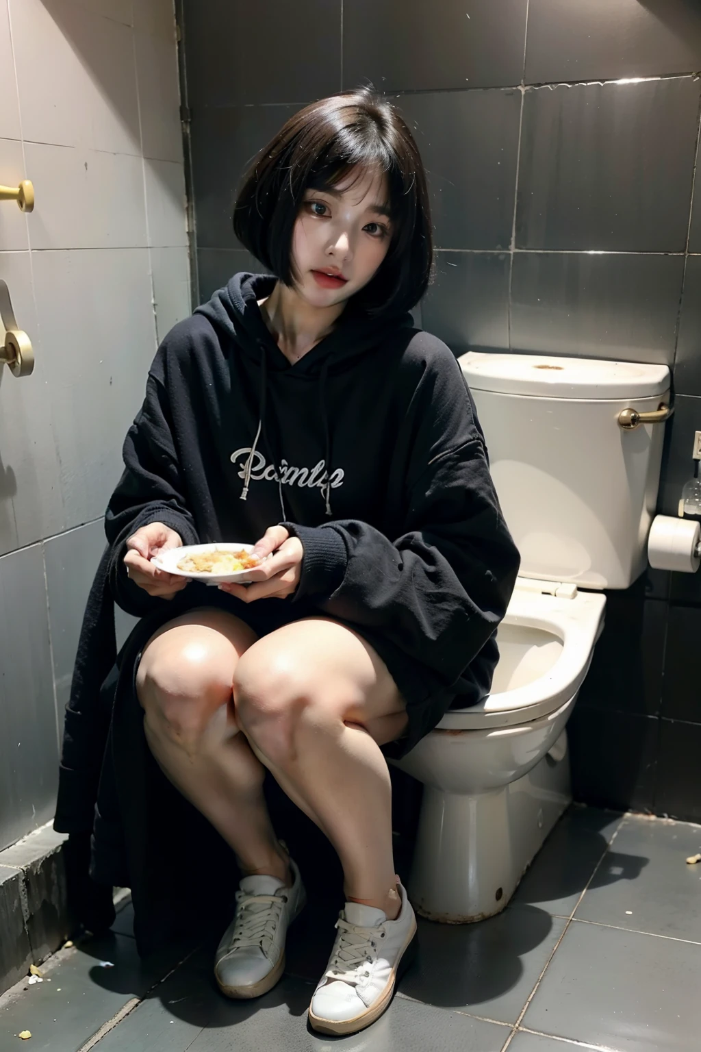 Wearing a black tattered hoodie、A young Korean transgender woman with a black bob cut is eating in the toilet。