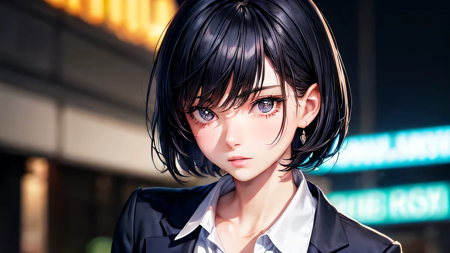woman 1 person High school girls Black Hair Base Short Hair Navy Blue Blazer High quality, high definition and detailed facial expressions High quality, high definition and delicate hair High quality, high resolution and delicate eyes bustling street neon midnight