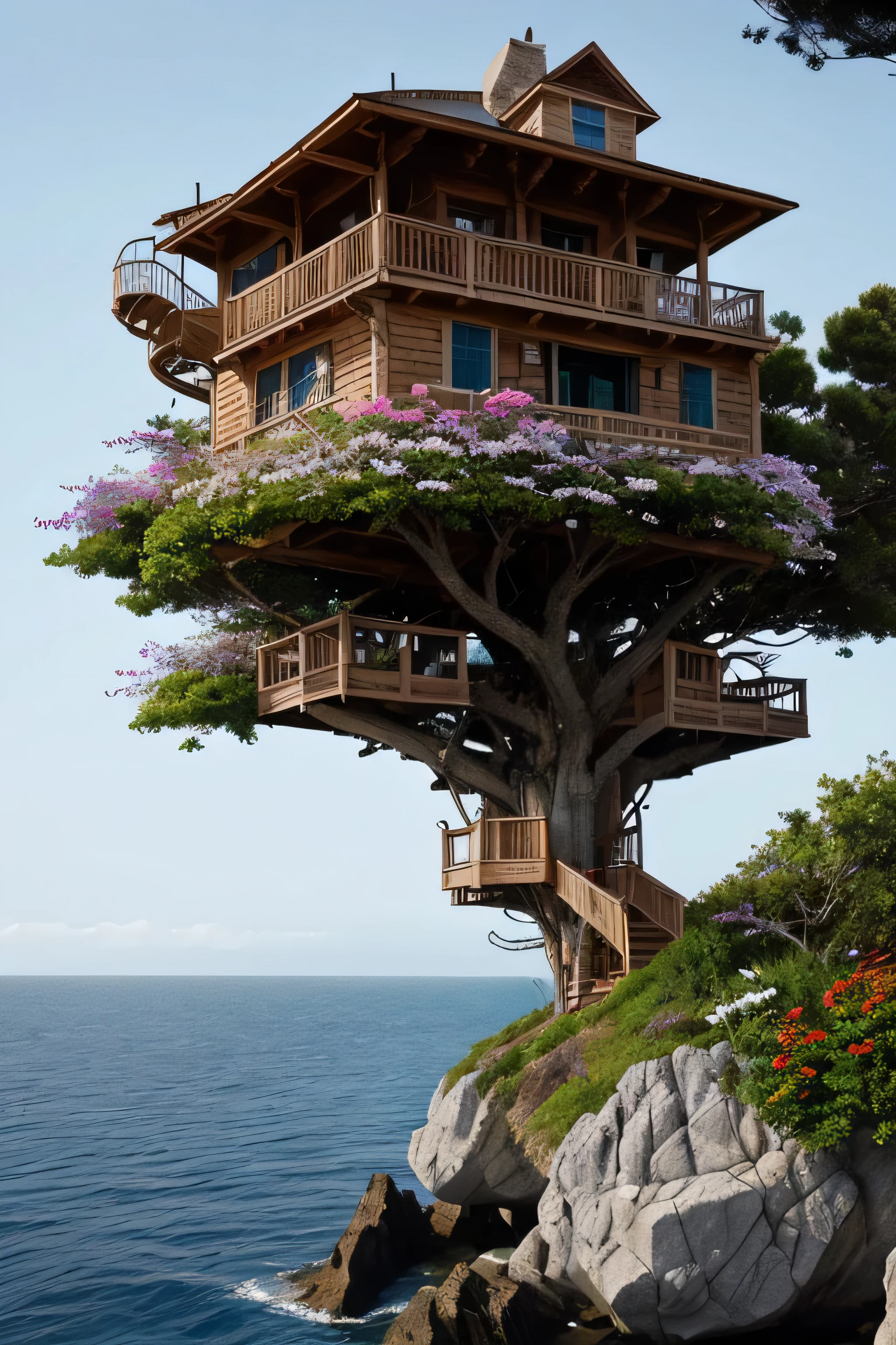 Perfection The Coolest tree house on a large rock in the middle of the sea with flowers in front of the house and trees on both sides of the house