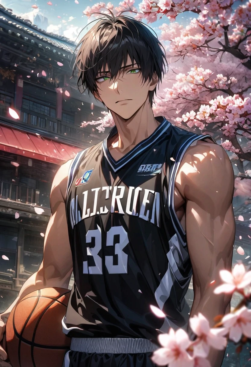 Ultra detailed, Highres, HDR, absurdres, Nicholas D Wolfwood, black straight hair with bangs, expressive green eyes, Trigun, sexy man, handsome, solo, extremely detailed face and eyes, blossoms, cherry blossoms, petals, basketball uniform, master piece, best quality,