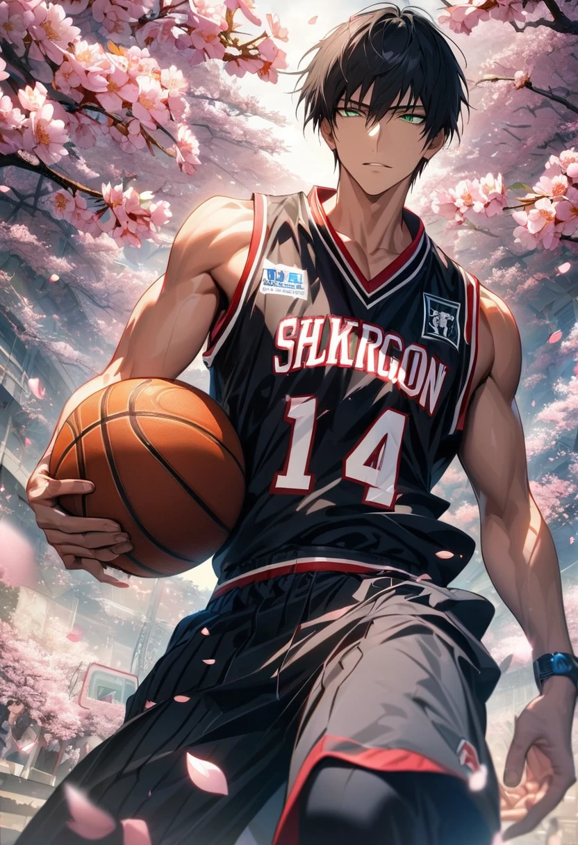 Ultra detailed, Highres, HDR, absurdres, Nicholas D Wolfwood, black straight hair with bangs, expressive green eyes, Trigun, y man, handsome, solo, extremely detailed face and eyes, blossoms, cherry blossoms, petals, basketball uniform, master piece, best quality,