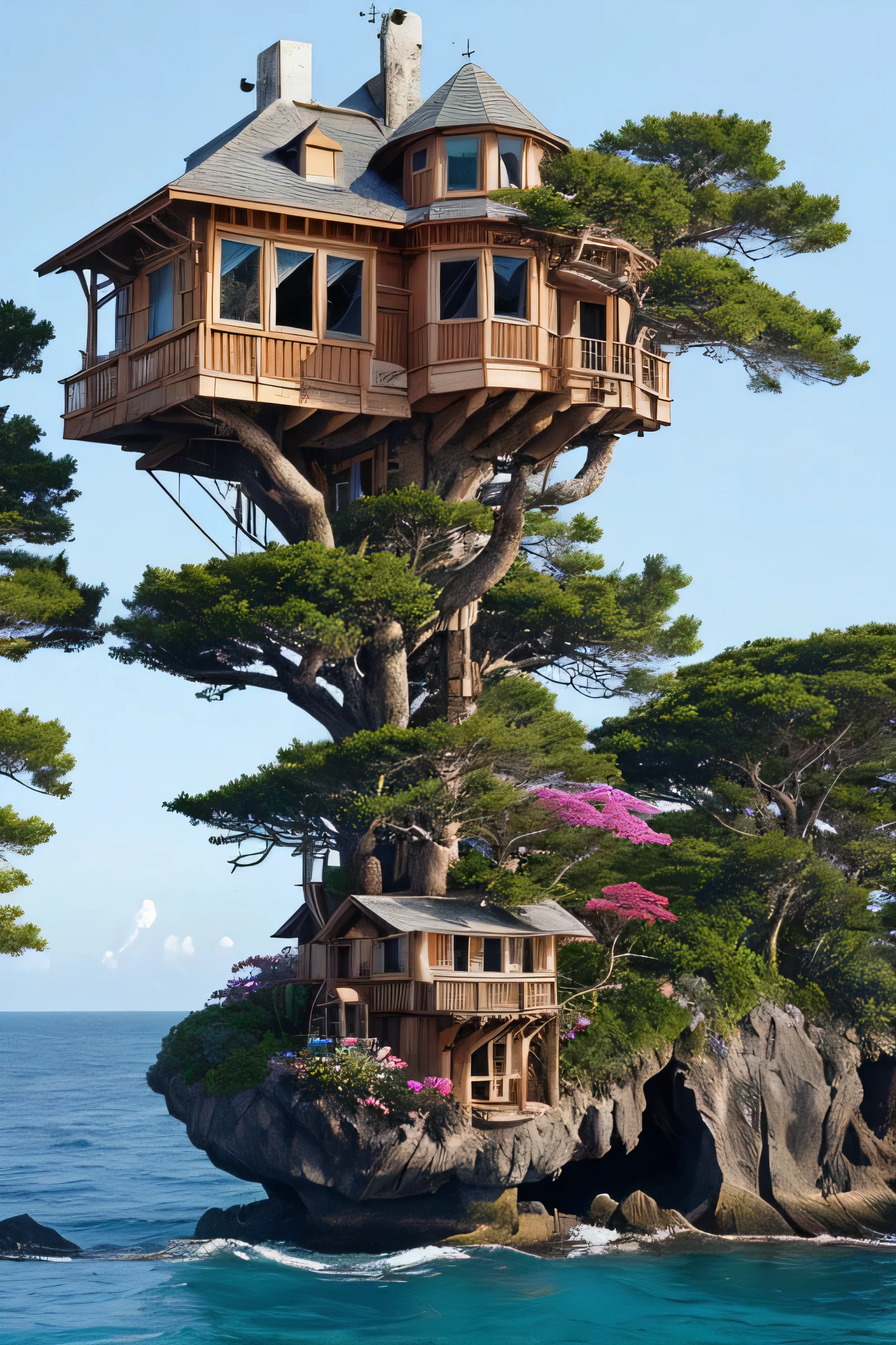 Perfection The Coolest tree house on a large rock in the middle of the sea with flowers in front of the house and trees on both sides of the house