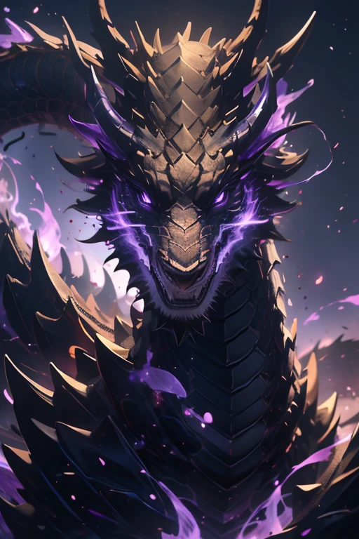 (masterpiece, best quality), black chinese dragon, purple fire aura, purple eyes, in the void