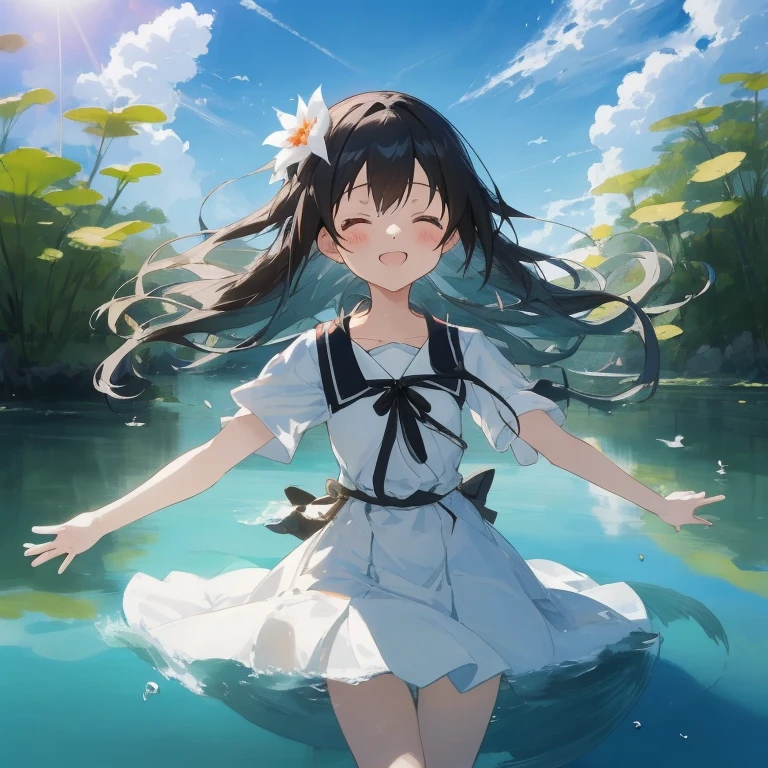 Anime girl in white dress standing on lake with arms outstretched, Kantai Collection Style, Anime visuals of cute girls, anime girl walking on water, a serene smile, anime moe art style, guweiz, official artwork, iwakura lain, kancolle, guweiz on pixiv artstation, Wallpaper Anime Blue Water, in pond