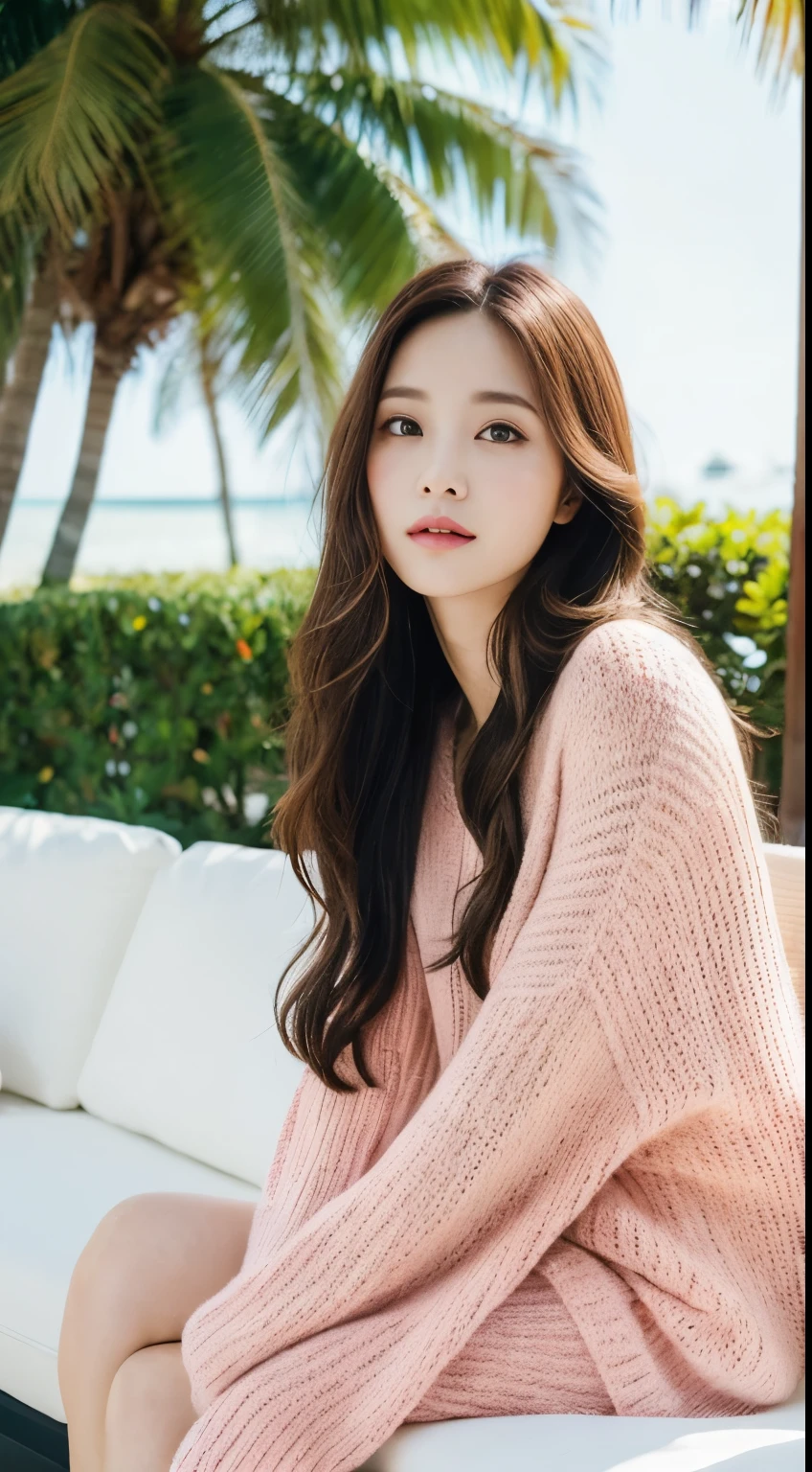 Cinematic photo, 1 beauty: 1.2, pale pink sweater, long brown hair, super detailed face, sitting on white sofa, background: sea resort, outdoor, sunlight, camera gaze