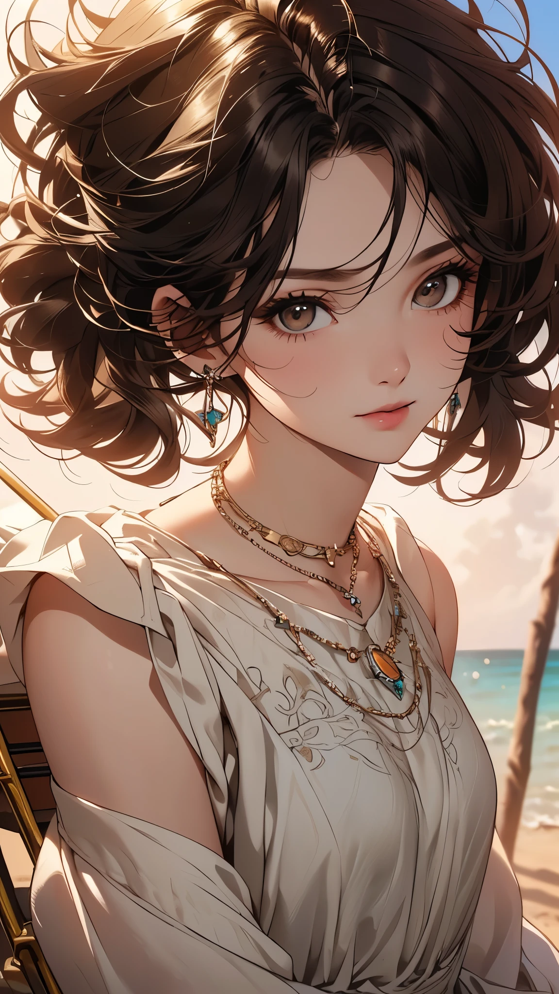 Anime girl sitting on a bench on the beach with a necklace - SeaArt AI