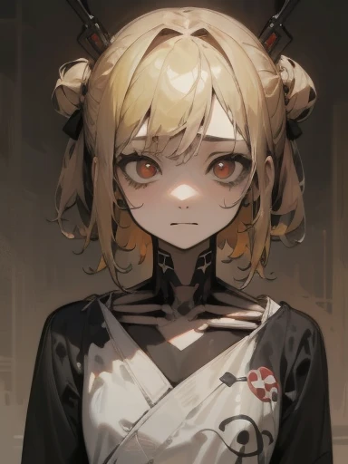 Churim、Skeleton Pattern、Ainu people々、
masterpiece, highest quality, pistol, Put a gun to your head, Possession of guns, Upper Body, One Girl, alone, My heart is dead, Expressionless, Expressionless, Hollow Eyes, Expressionless, Indifference, Red eyes, Wedge updo and hair intake, Yellow Hair, tasuki, short jumpsuit, Bandeau,