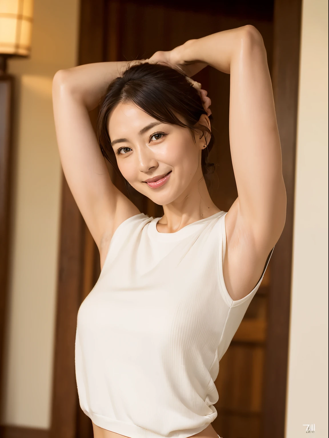 (8k,high quality,Ultra-high resolution,Ultra-realistic,最high quality,masterpiece:1.4), woman, 60 years, (Wrinkled face:1.2), (Wrinkled body:1.3), Grin, Japanese Mature, White Tank Top, Leaning forward, Bend over a little,From above, Backwards, Ass facing camera, Back to camera, Gold Hoop Earrings, Nude Lipstick, Thick lips, Big Breasts, Saggy breasts, Arms placed above head, humid