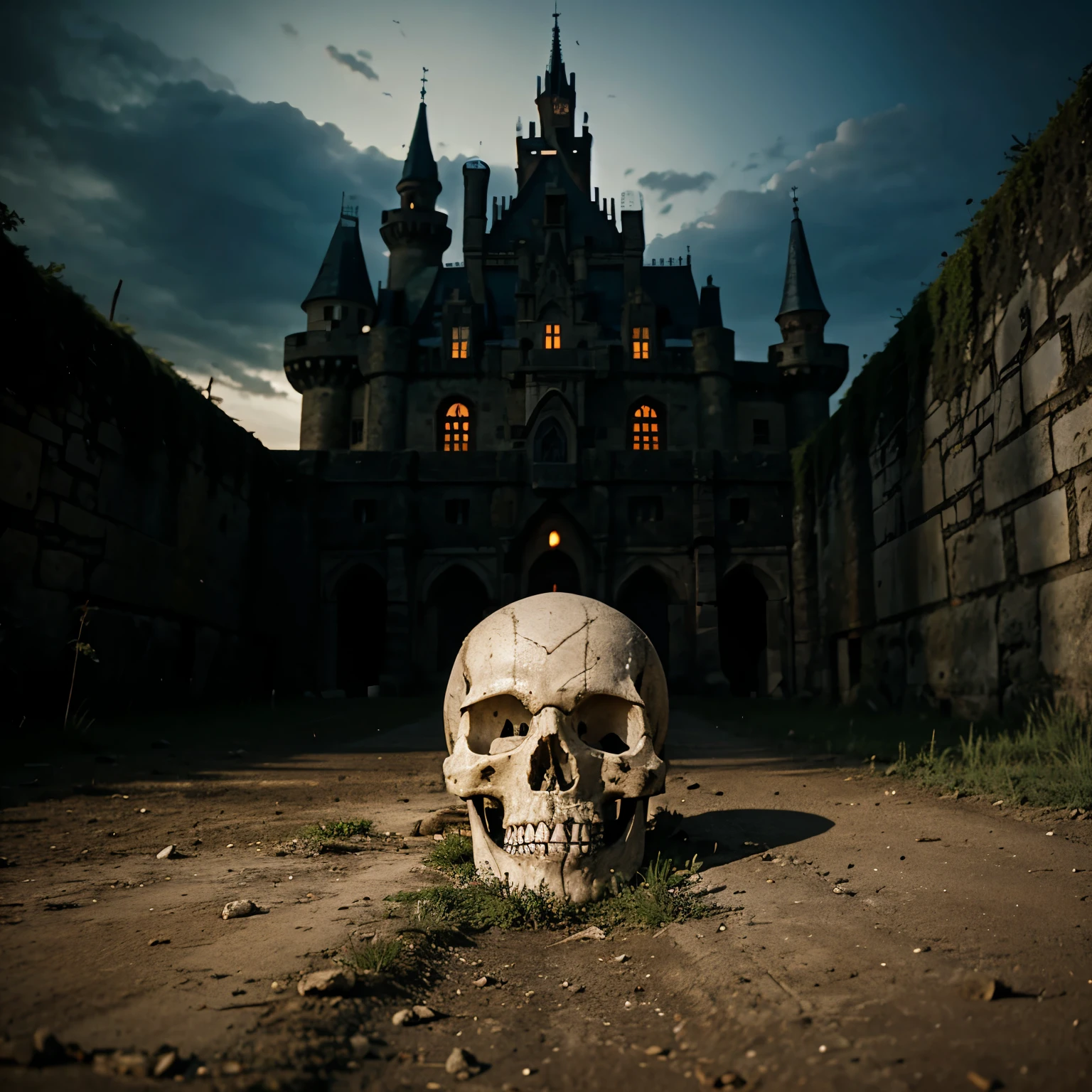 Skull crawling out of a castle that is spooky