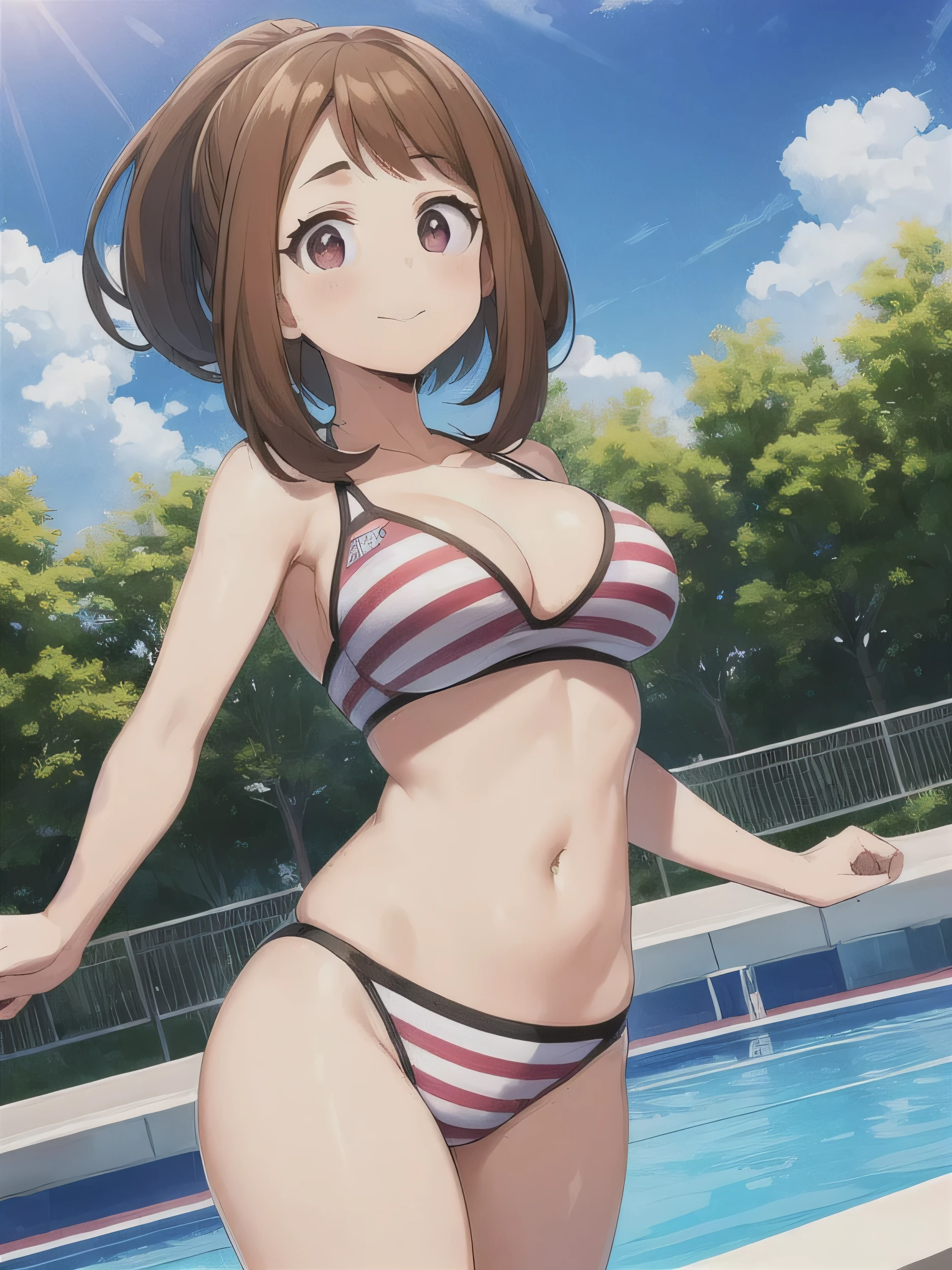 Ochaco Uraraka wearing a uniform, {1/woman} Look at her, Great environment, Very detailed, high quality, summer, Bright sun, a lot of people, Pool, bikini, Swimsuit with pink ruffles, Jump. Have a float