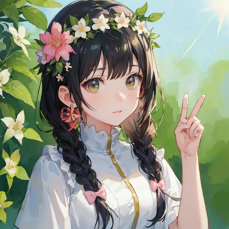 Anime girl with a crown of flowers and a peace sign in front of a tree, Beautiful Anime Portrait, Beautiful anime girl, anime moe art style, pretty anime girl, Cute anime girl, guweiz, Anime visuals of cute girls, High quality anime art style, young anime girl, artwork in the style of guweiz, charming anime girls, kawaii realistic portrait