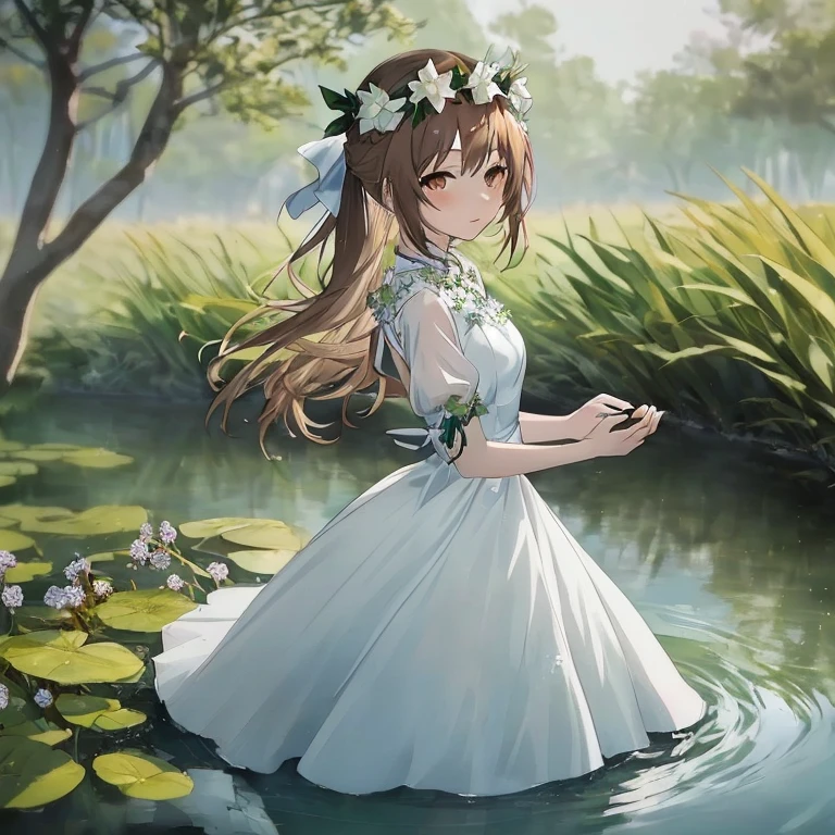 Anime girl in white dress standing in water with Yuri, guweiz, Cute anime waifu in a nice dress, guweiz on pixiv artstation, By Shinkai Makoto. a digital rendering, Beautiful anime girl, Beautiful anime, Anime visuals of cute girls, guweiz on artstation pixiv, Beautiful maiden, in pond