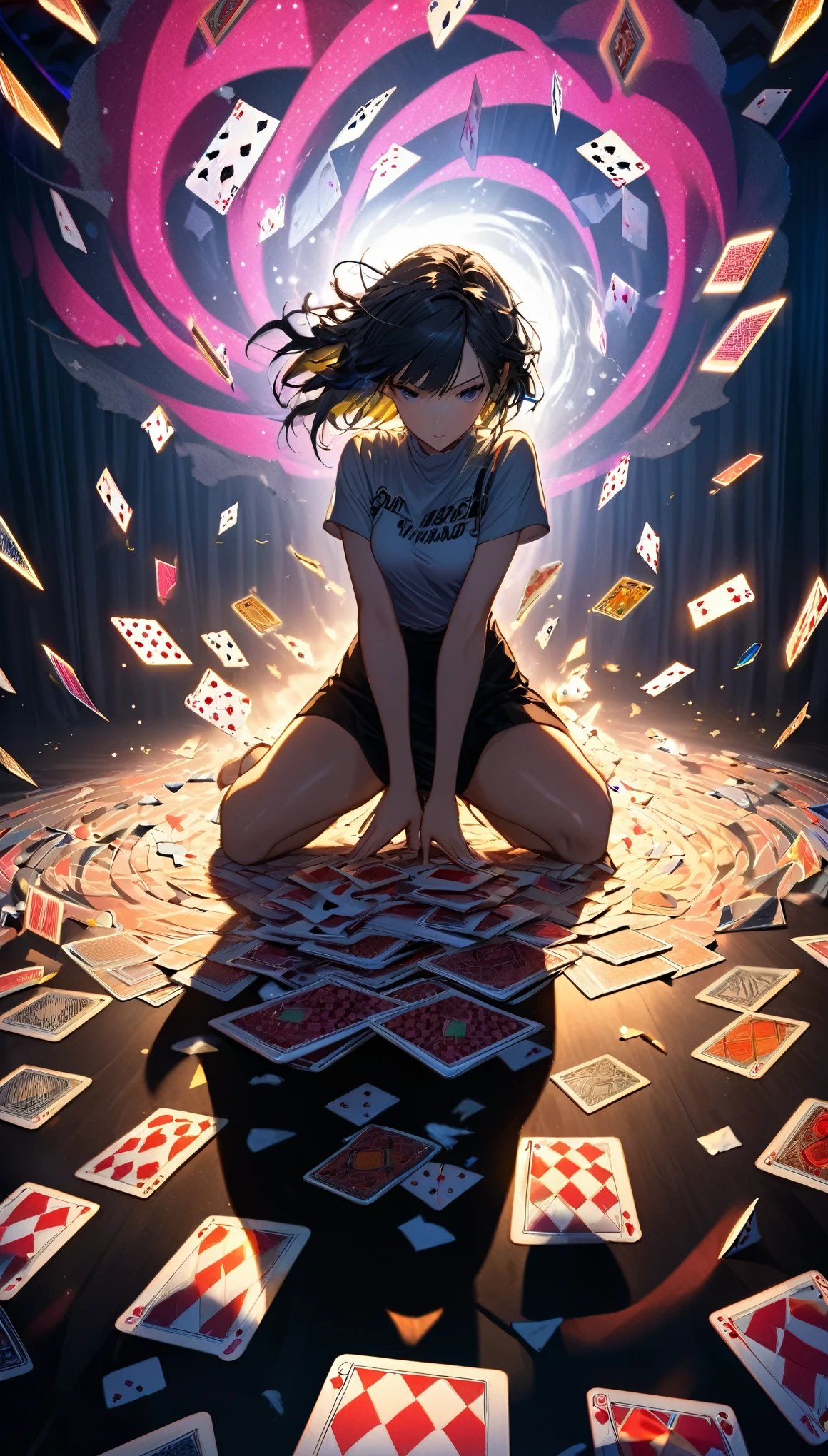 best quality, super fine, 16k, magic, illusion, countless playing cards dancing in a tornado, the shadow of a beautiful woman crouching in the center of the tornado, wind effects, spotlights, neon lights, background black curtain of velvet and felt fabric